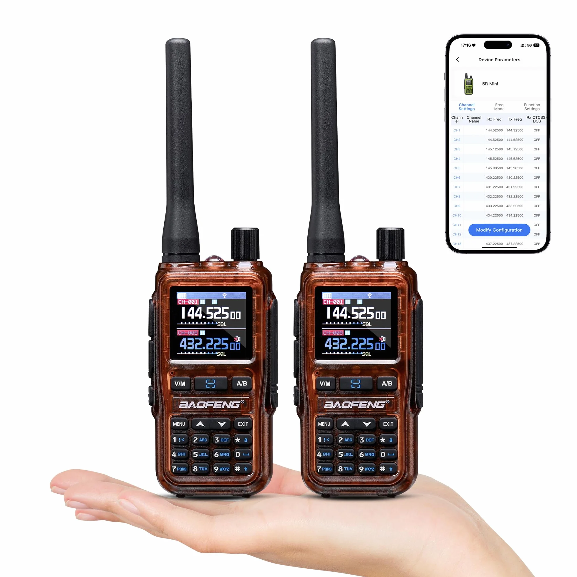 BAOFENG GT-5R Mini 5W dwupasmowe radio przenośne, Krótkofalówka UHF VHF, Programowanie aplikacji bezprzewodowych, podwójny PTT, Ladowanie przez USB-C, 999 kanałów, Bursztyn (2 sztuki)
