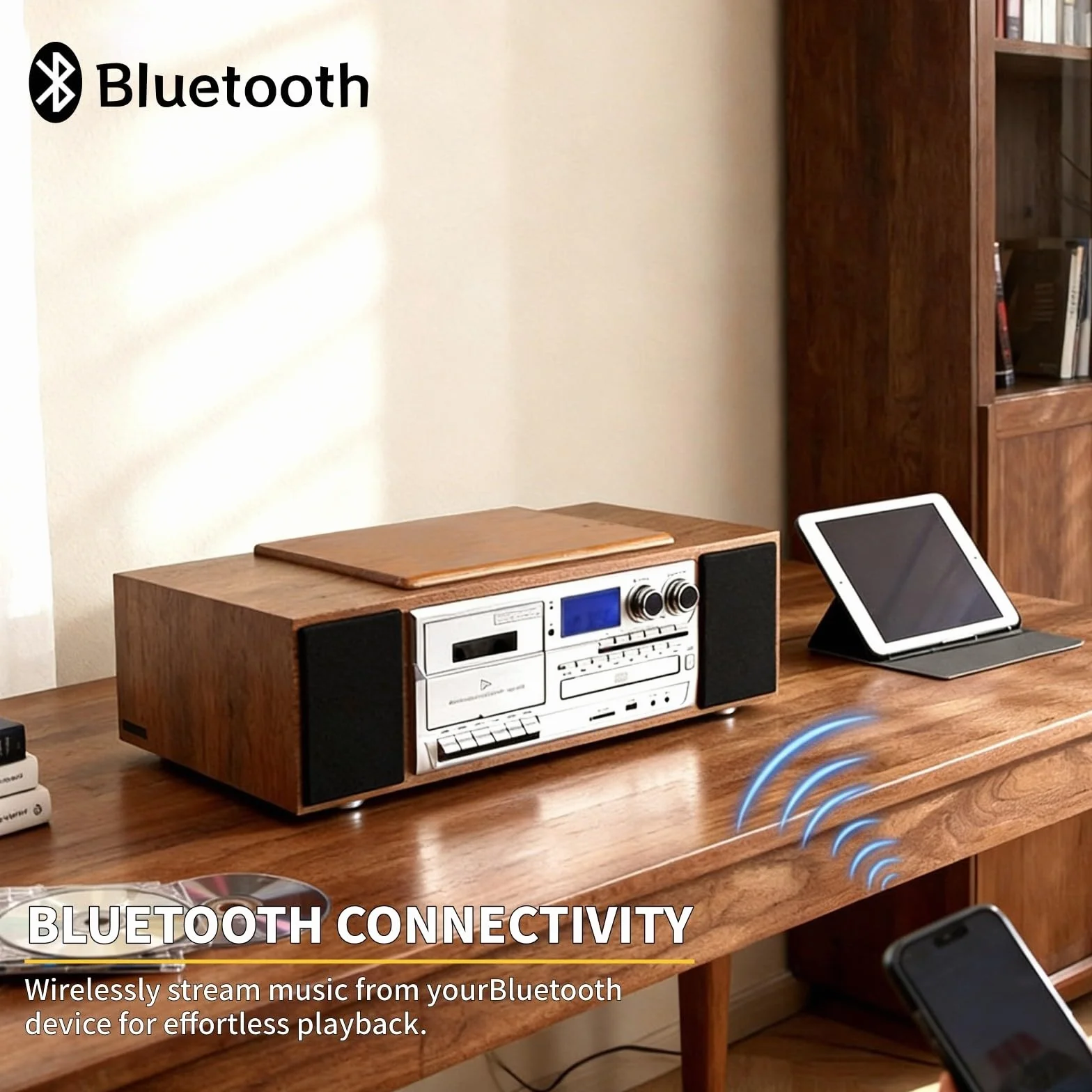 Odtwarzacz CD/MP3/kasetowy z radiem FM i pilotem zdalnego sterowania – centrum multimedialne z wbudowanymi głośnikami stereo i wejściem USB/AUX, wykończenie w stylu retro