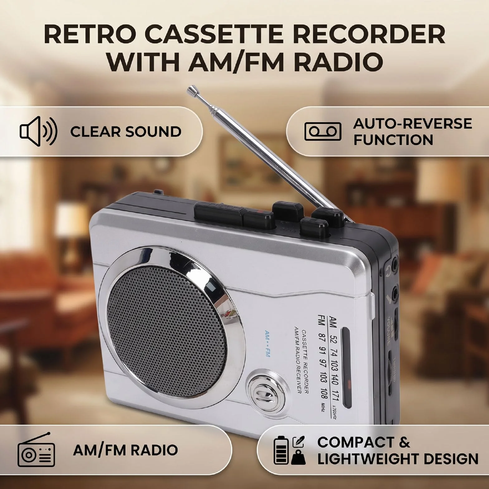 Bewinner Radio AM FM w Stylu Retro z funkcją Automatycznego Cofania i Gniazdem Słuchawkowym | Magnetofon kasetowy ABS, przenośny odtwarzacz muzyki, zabytkowe urządzenie audio, słuchanie na zewnątrz, akcesorium do