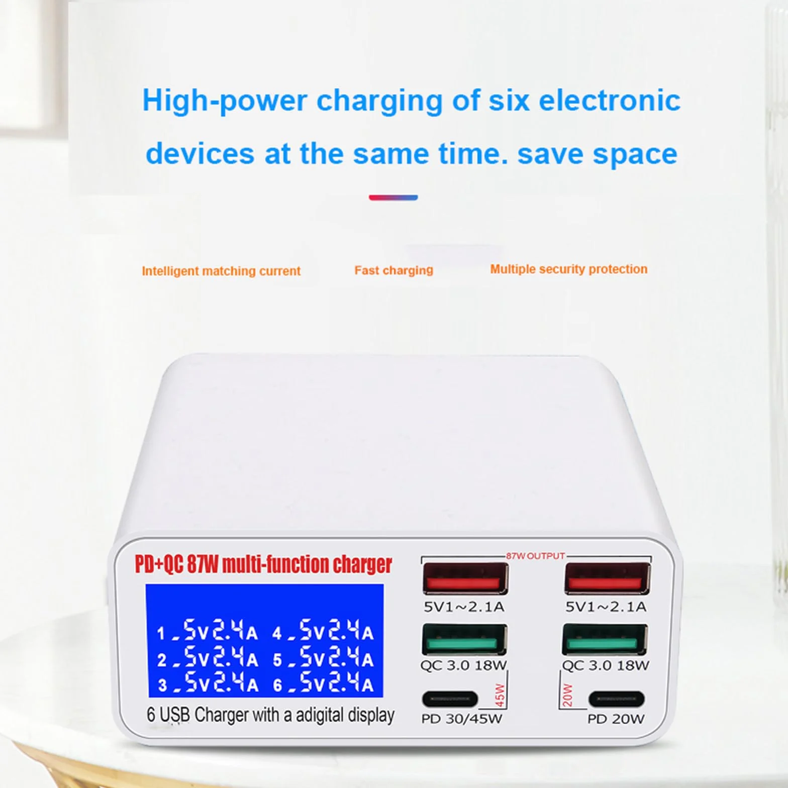 Cyfrowy wyświetlacz LCD LED Light inteligentna szybka ładowarka 6 portów 5V3A 5V2.4A ładowarka do telefonu komórkowego typu C stacja ładująca USB