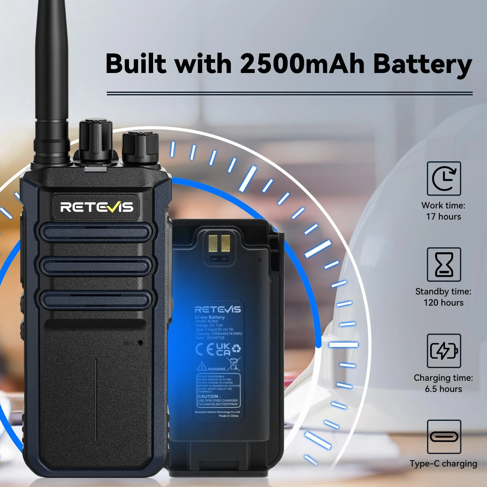 Retevis RT86A Walkie Talkie o Dużym zasięgu, Profesjonalne Radio Dwukierunkowe dla Dorosłych, 2500mAh, Wysokiej Mocy Przenośne Radio do Rozmów Grupowych, Budownictwo, Logistyka i Transport (4 szt.)