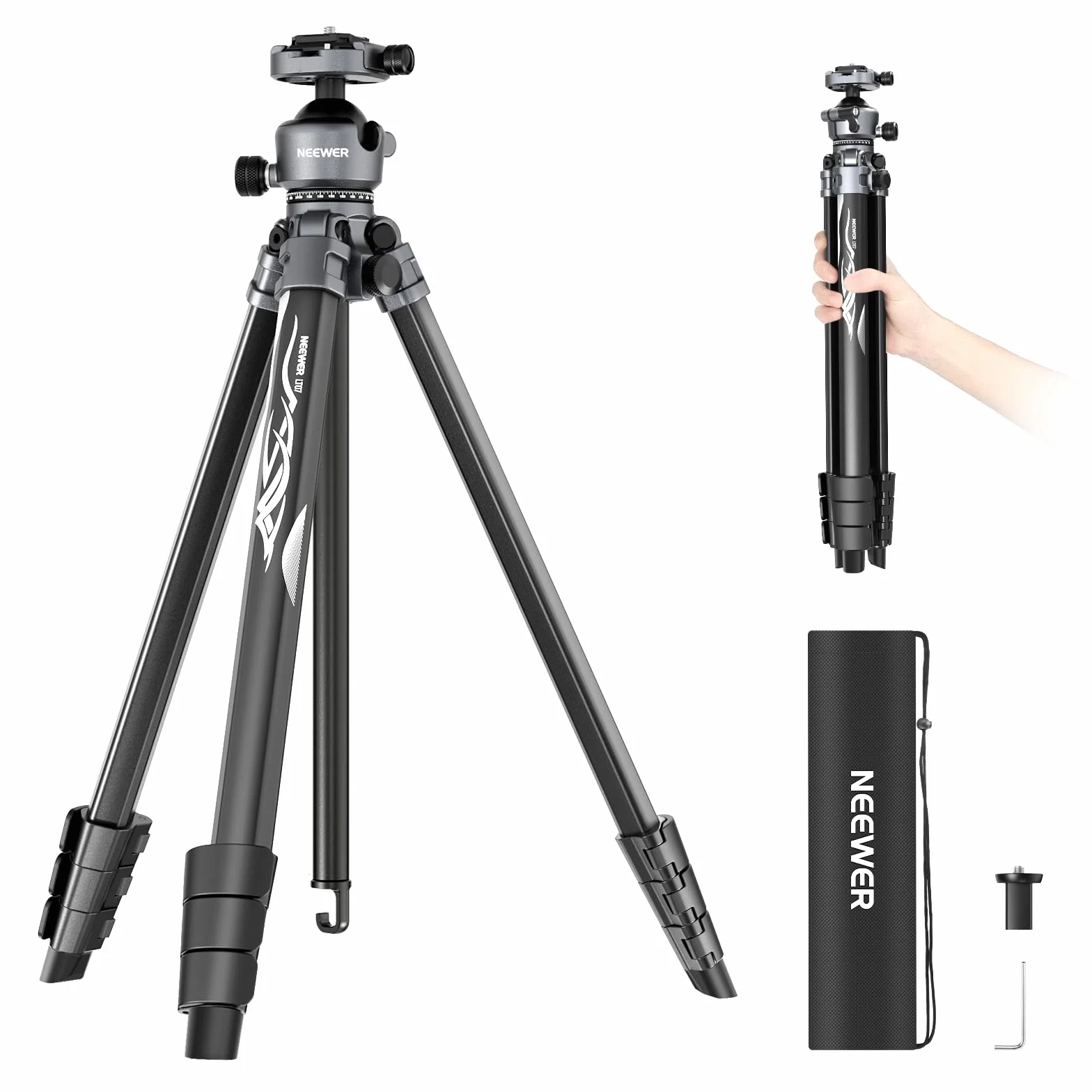 NEEWER LITETRIP LT07 154.9 cm aluminiowy statyw podróżny do aparatu z głowicą kulową Pan Tilt, niskoprofilowa głowica kulowa, płyta Arca QR, kompatybilna z płytą statywu Peak Design V3, podwójna oś