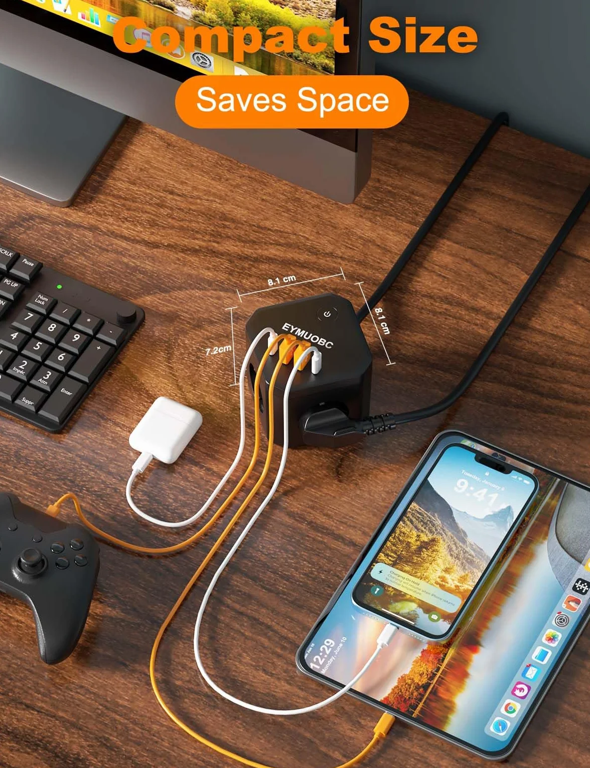 Kostka z gniazdkami z USB, listwa zasilająca z 2 USB-C PD 20W, 4 gniazda sieciowe 4 porty USB z wyłącznikiem, do biura, czarna