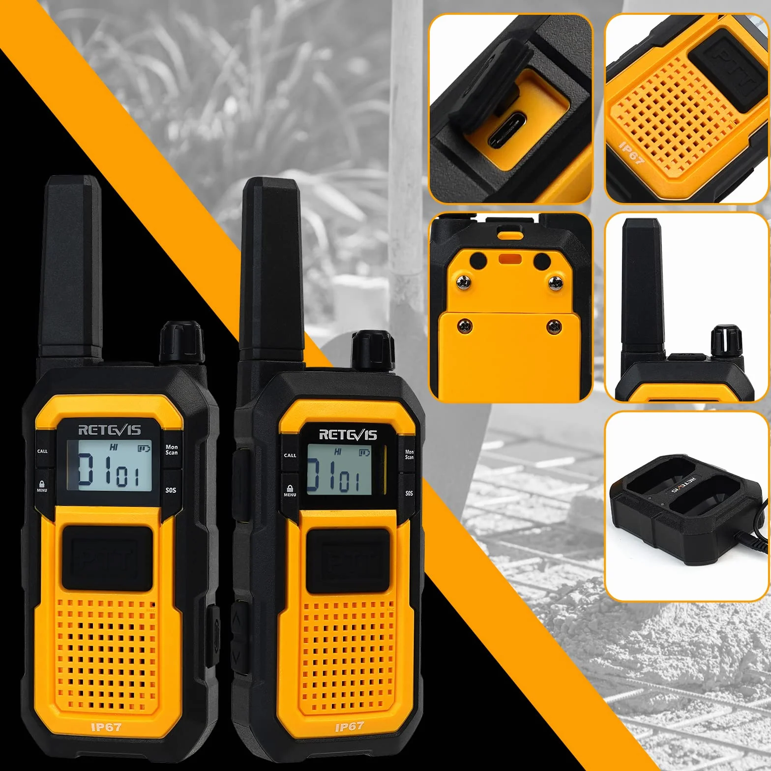 Retevis RB648 Krótkofalówki, Wodoodporne Walkie Talkie IP67, Wytrzymałe, 2000 mAh, Wibracje SOS VOX, Walkie Talkie Dalekiego Zasięgu, Wytrzymałe do Magazynów i Przemysłu (6 Szt, Żółty)