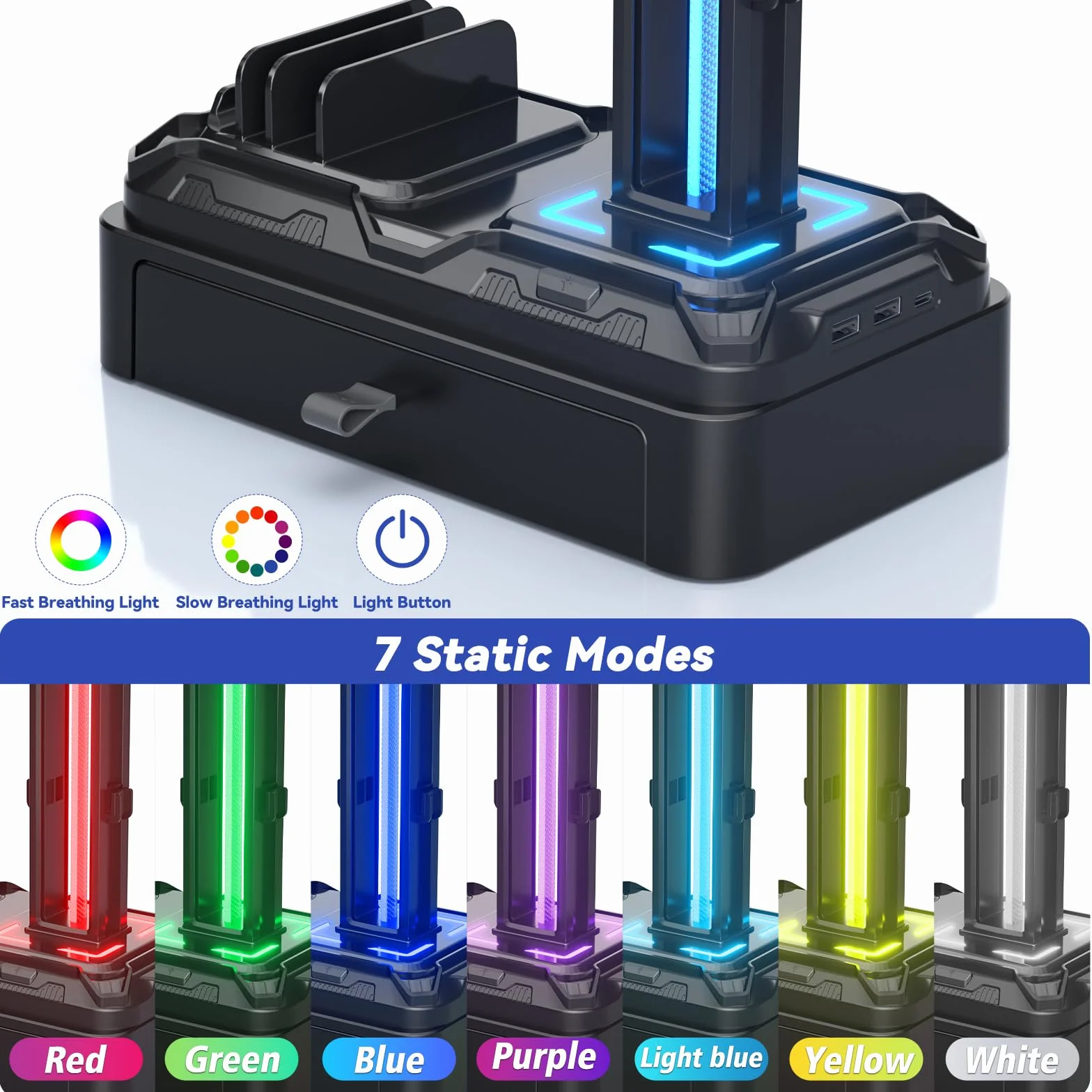 KDD Stojak na słuchawki gamingowe LED z ładowarkami USB A Typ-C, uchwyt na zestaw słuchawkowy na biurko i zdejmowany uchwyt na kontroler z szufladą, szczeliną na urządzenia do telefonu, tabletu