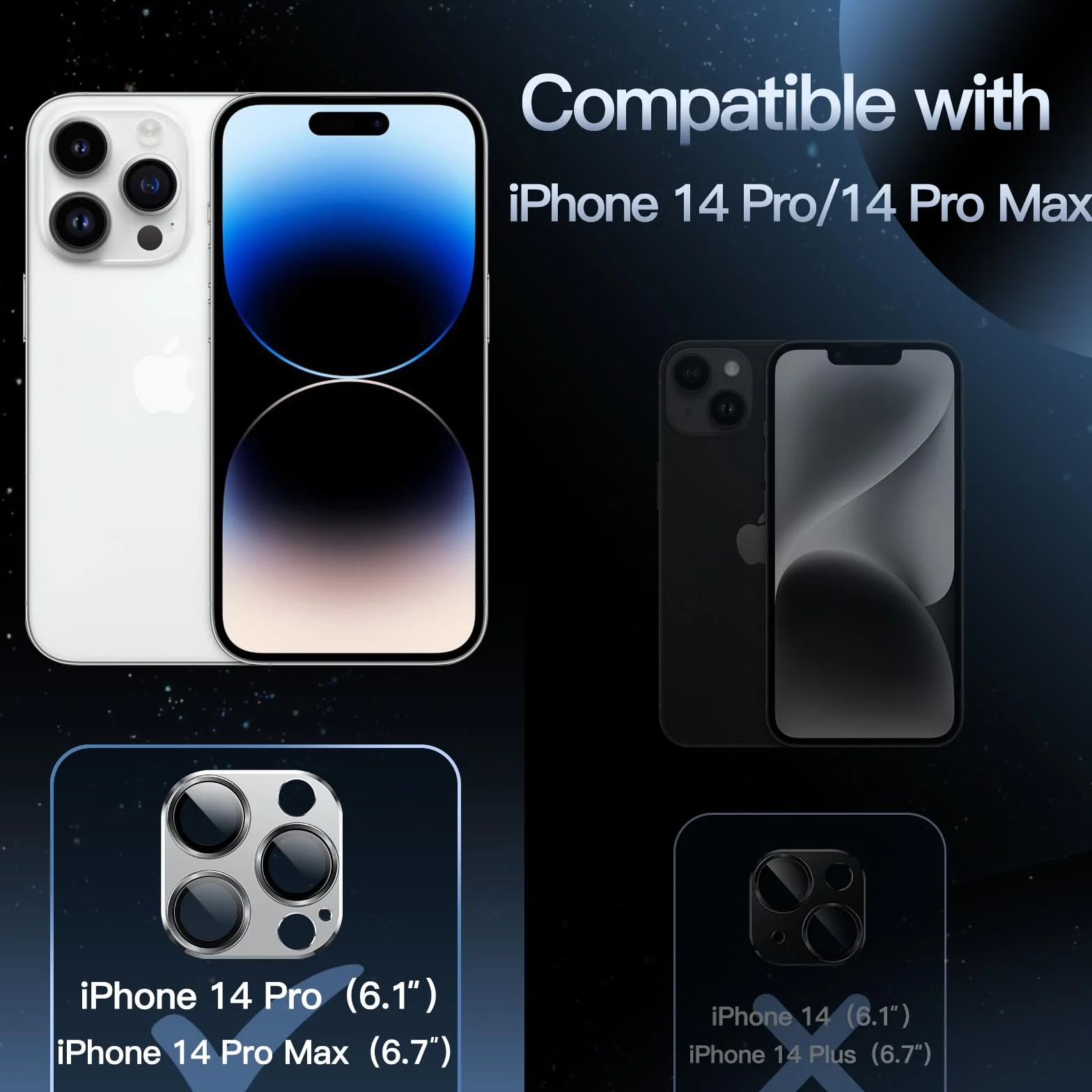 JETech Osłona Obiektywu Aparatu do iPhone 14 Pro i 14 Pro Max, Szkło Hartowane 9H, Metalowa Płytka, Srebrny
