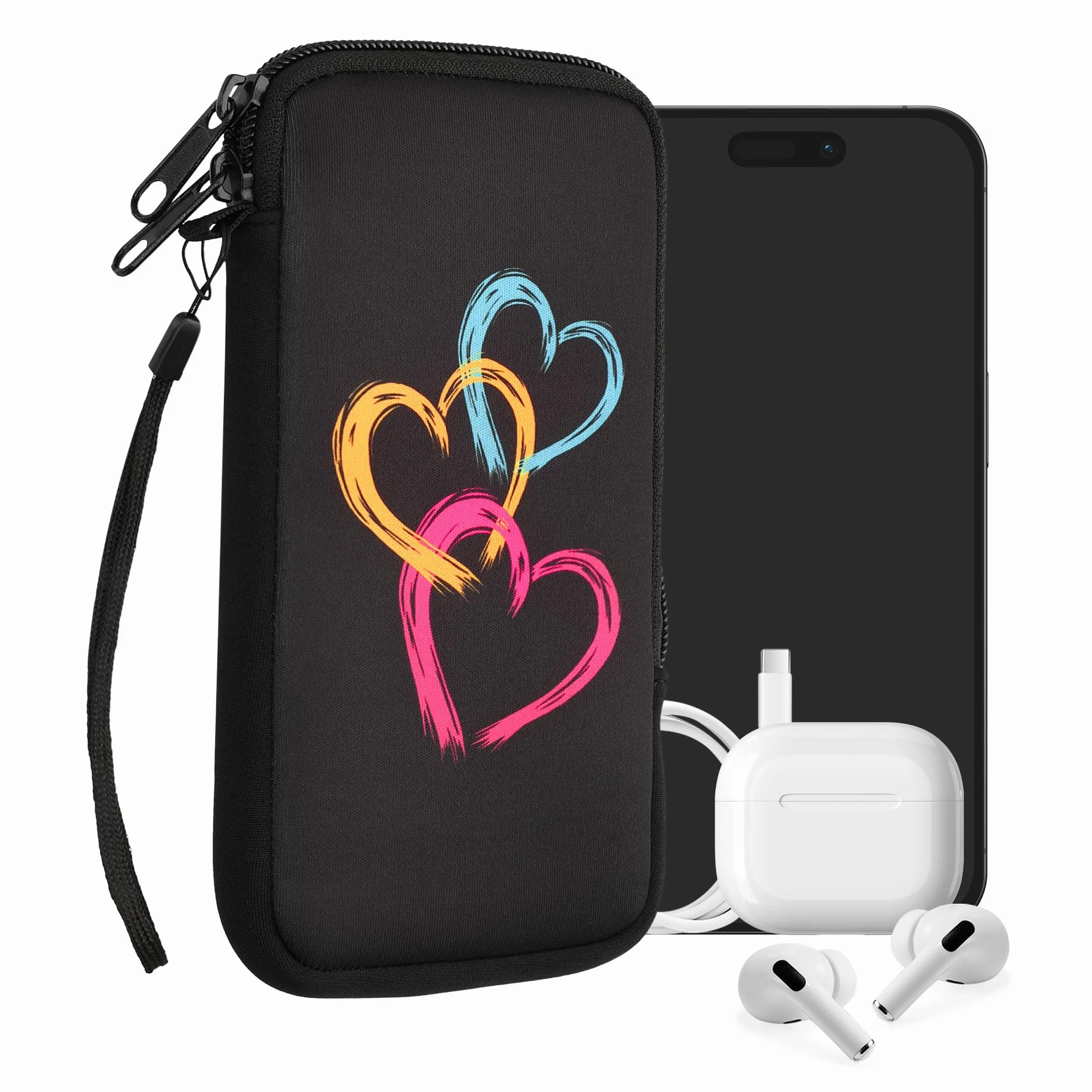 kwmobile Neoprenowy rękaw na smartfon rozmiar XL - 6,7/17.3 cm - etui amortyzujące wstrząsy - ochronna torba na telefon - szczotkowane serce abstrakcyjne ciemnoróżowy/pomarańczowy/czarny