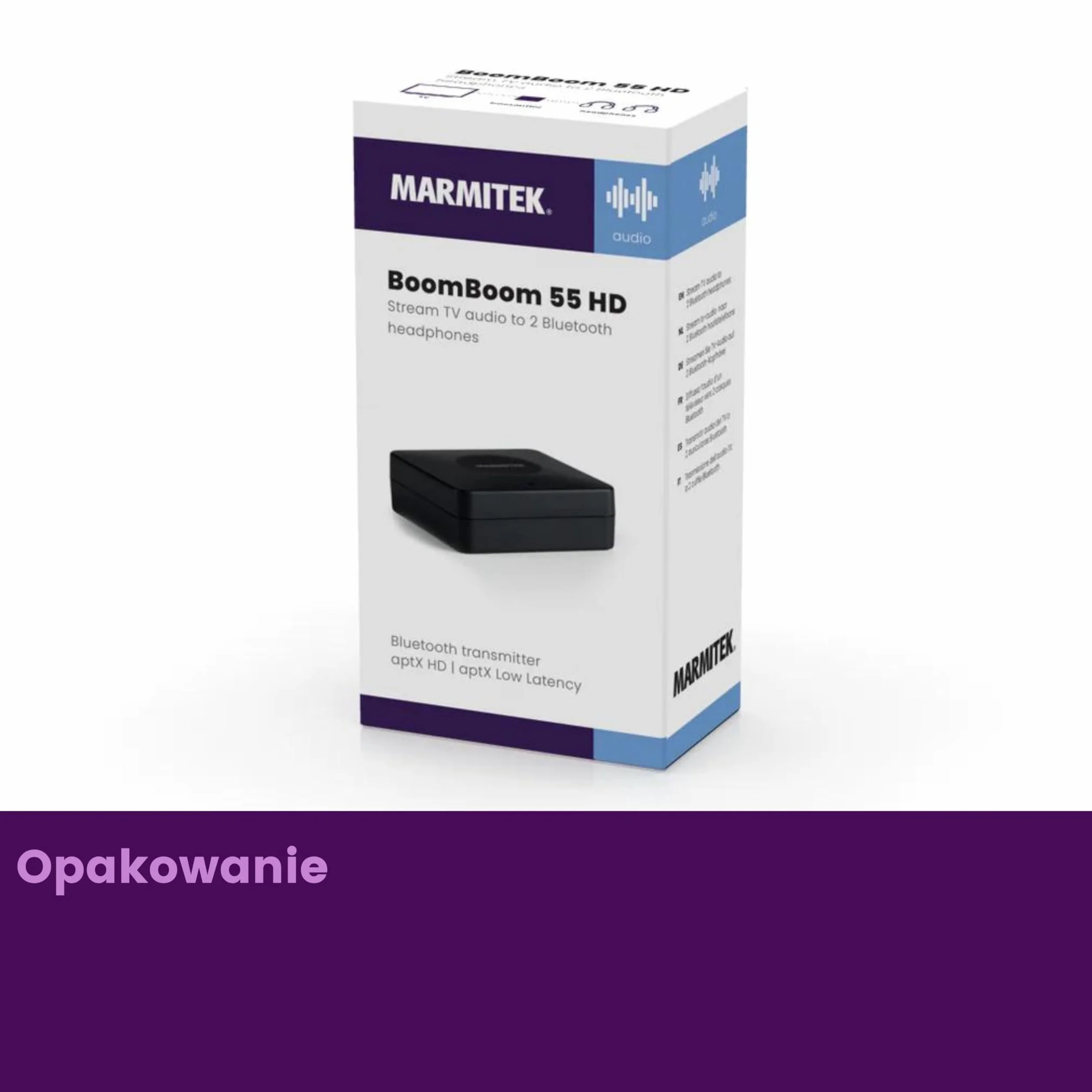 Transmiter Bluetooth TV Marmitek BoomBoom 55 HD - aptX HD aptX Low Latency aptX Adaptive - 2 słuchawki jednocześnie - Toslink coax jack 3,5 mm - nadajnik audio Bluetooth