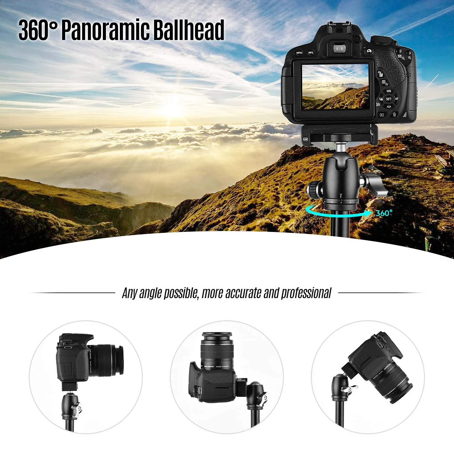 Andoer Q160H statyw do aparatu fotograficznego, poziomy, profesjonalny statyw podróżny z panoramiczną głowicą kulową 360°, uchwyt na telefon, pilot zdalnego sterowania, do lustrzanek cyfrowych, smartfonów, kompatybilny z Canon Nikon Sony
