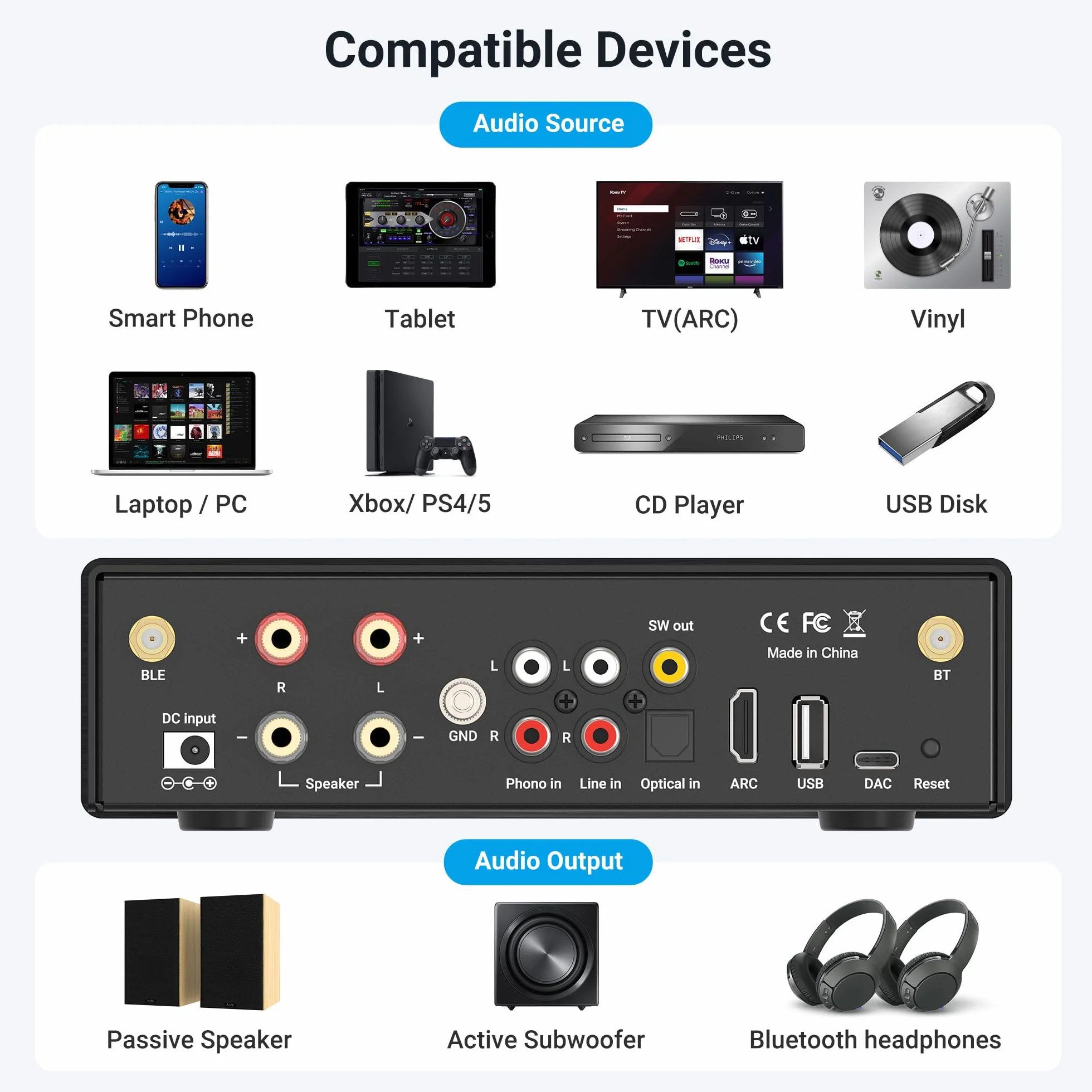 Arylic B50 wzmacniacz z Bluetooth, wzmacniacz stereo, 2-kanałowy 50 W x 2 Home Audio AMP, z HDMI, ARC, Opt, DAC, wejście Phono. Obsługuje transmisję i odbiór muzyki aptX High-Definition.