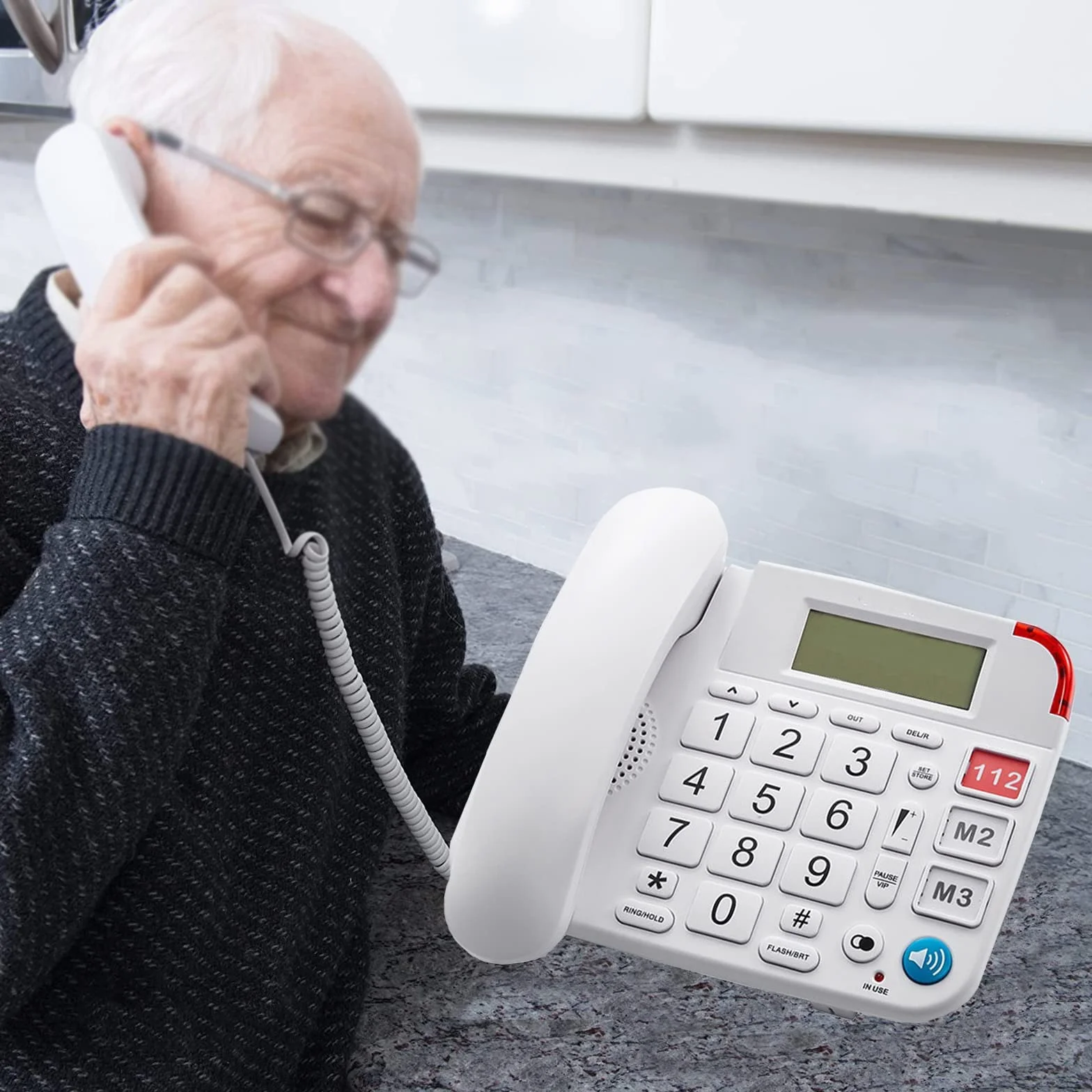 Telefon stacjonarny, czteropasmowy telefon stacjon Telefon z dużymi przyciskami dla seniorów, funkcja budzika, funkcja głośnomówiąca, czysty dźwięk, idealny dla seniorów, z wyświetlaczem identyfikator