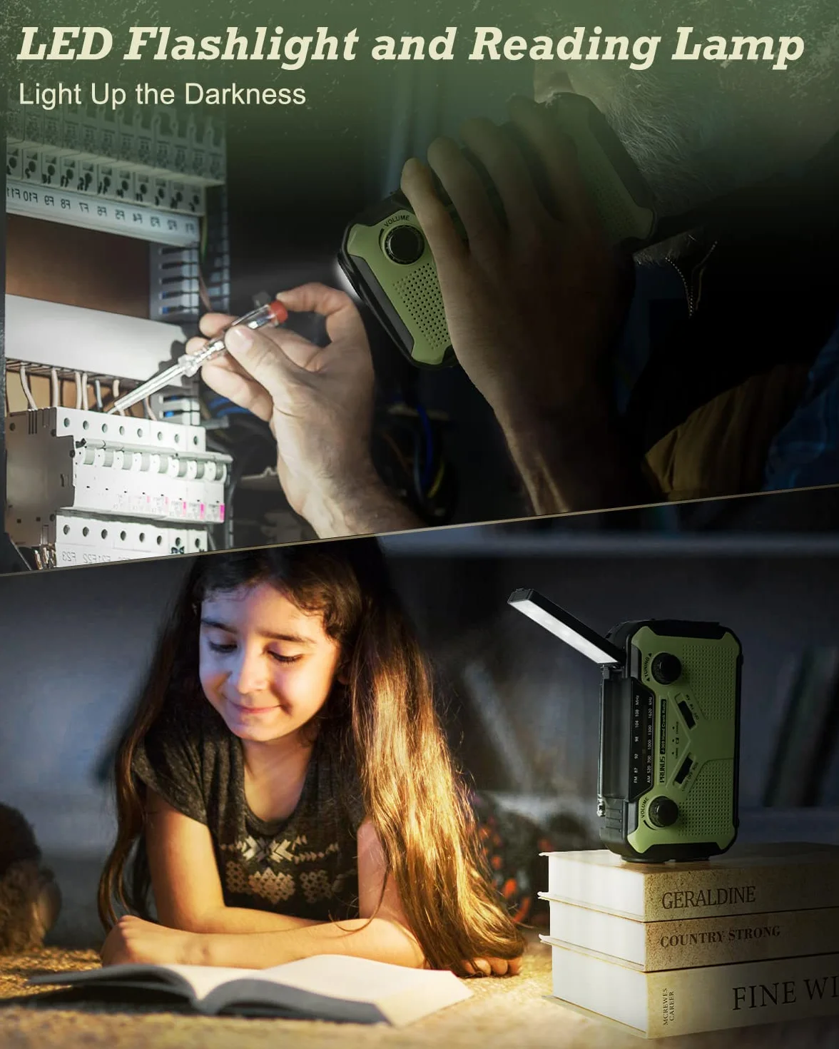 PRUNUS J-369 radio korbowe FM/AM, zasilanie bateryjne, korba solarna, z powerbankiem o pojemności 3000 mAh, radio awaryjne z alarmem SOS, latarką i lampką do czytania, na kemping, do domu, w sytuacji