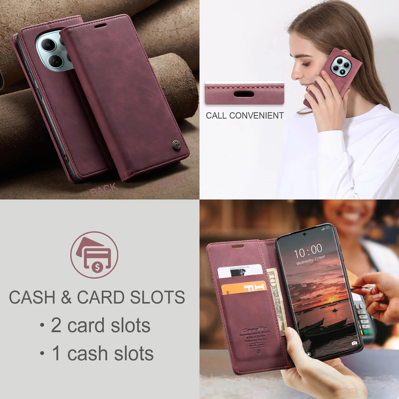 Portfel Etui do Xiaomi Redmi Note 15 4G Case, Skórzane PU z Klapką, Pełna Ochrona Przegródki na Karty Stojak Magnetyczna Kieszeń do Xiaomi Redmi Note 15 4G, Czerwone wino