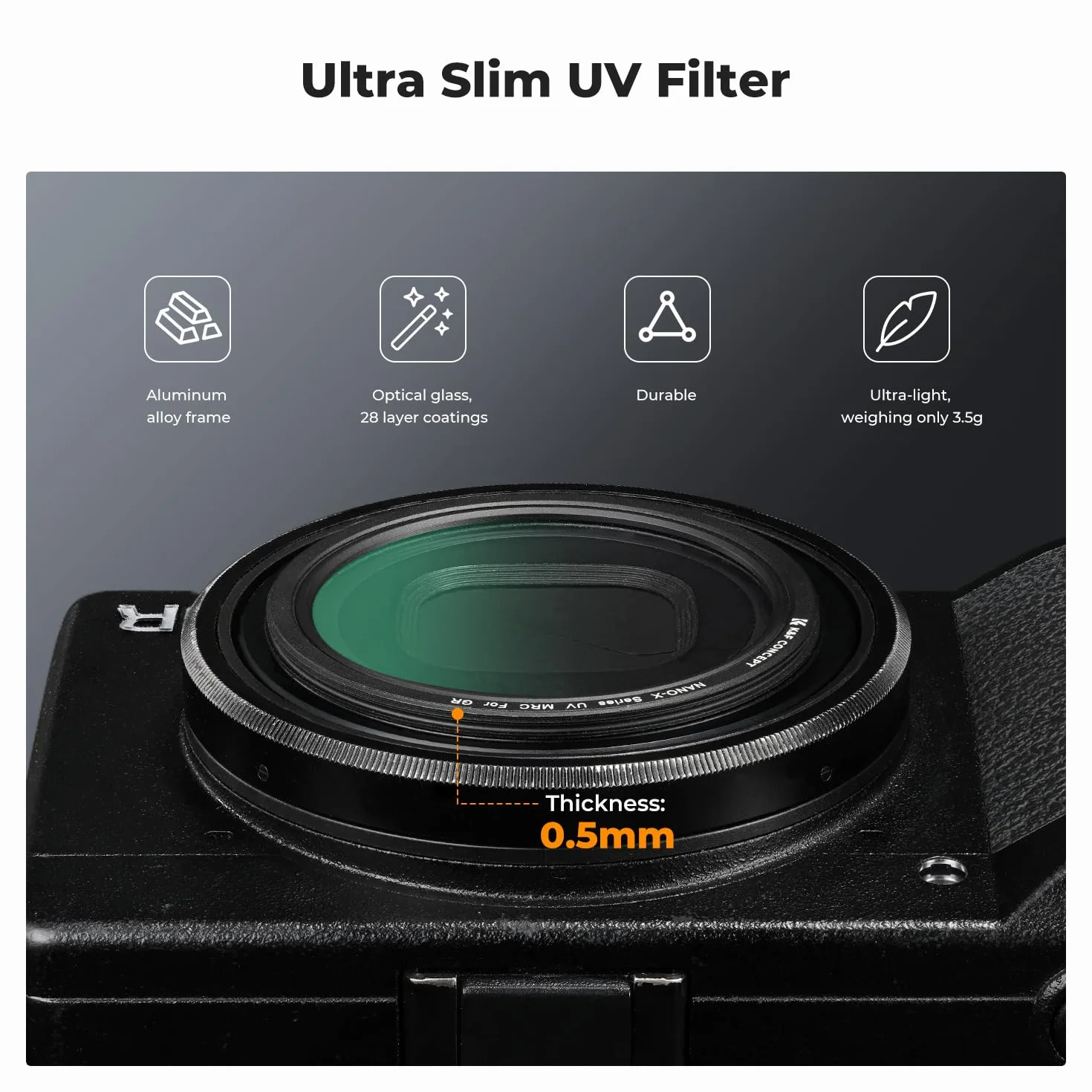 K&F Concept Filtr ochronny UV kompatybilny z Ricoh GR IIIx HDF, filtr UV ze szkłem optycznym HD 28 warstw nano-powlekanych