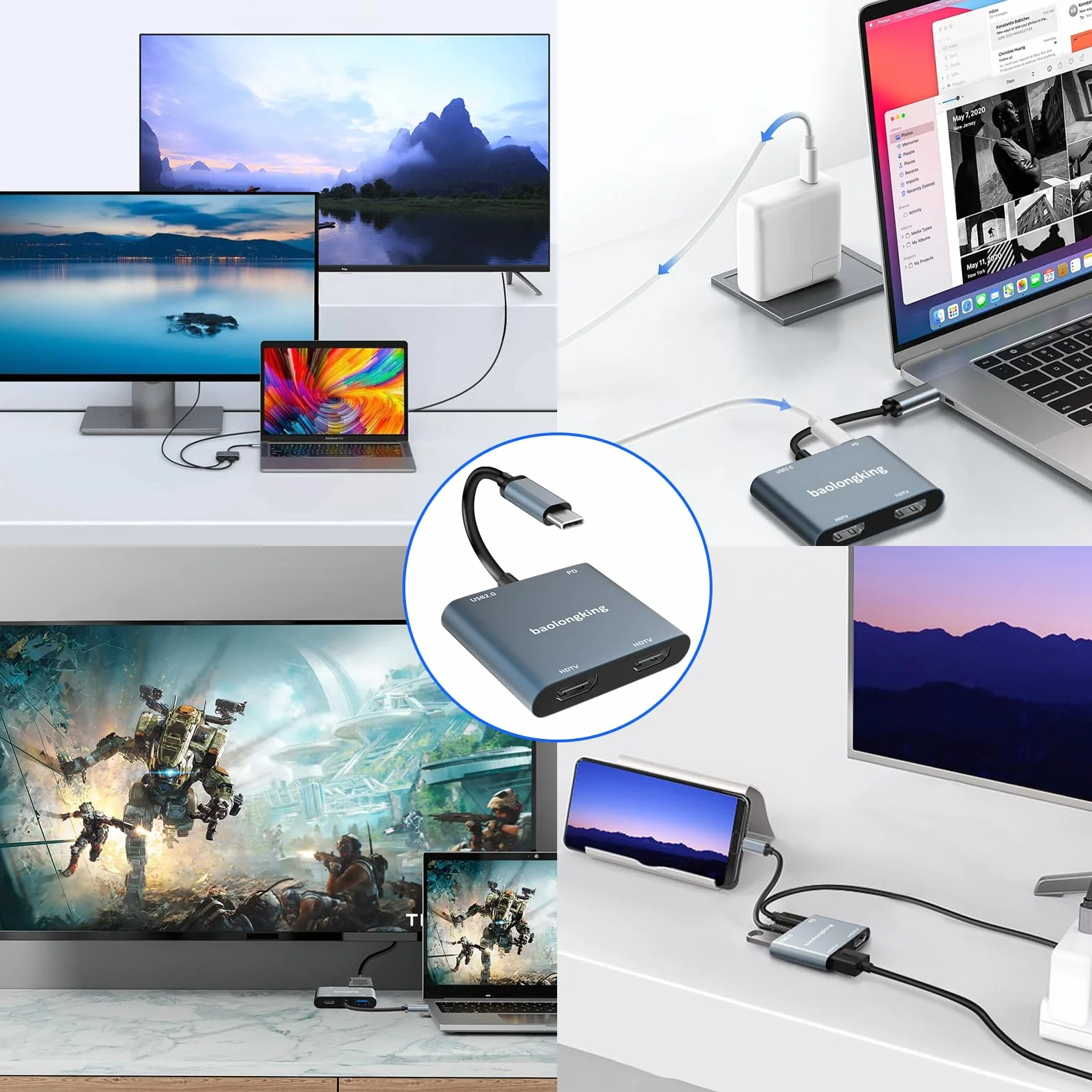 Adapter USB C na Dual HDMI Hub 4 w 1 HDMI do 2 monitorów