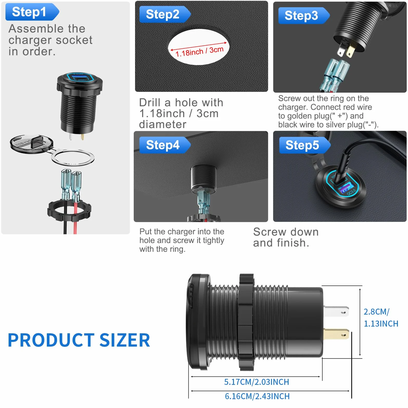 Gniazdo USB C 12V USB PD 100W do laptopa i gniazdo ładowarki samochodowej QC3.0 18W Stop aluminium szybkie ładowanie montaż wpuszczany Zamiennik gniazda zapalniczki Akcesoria do samodzielnego montażu