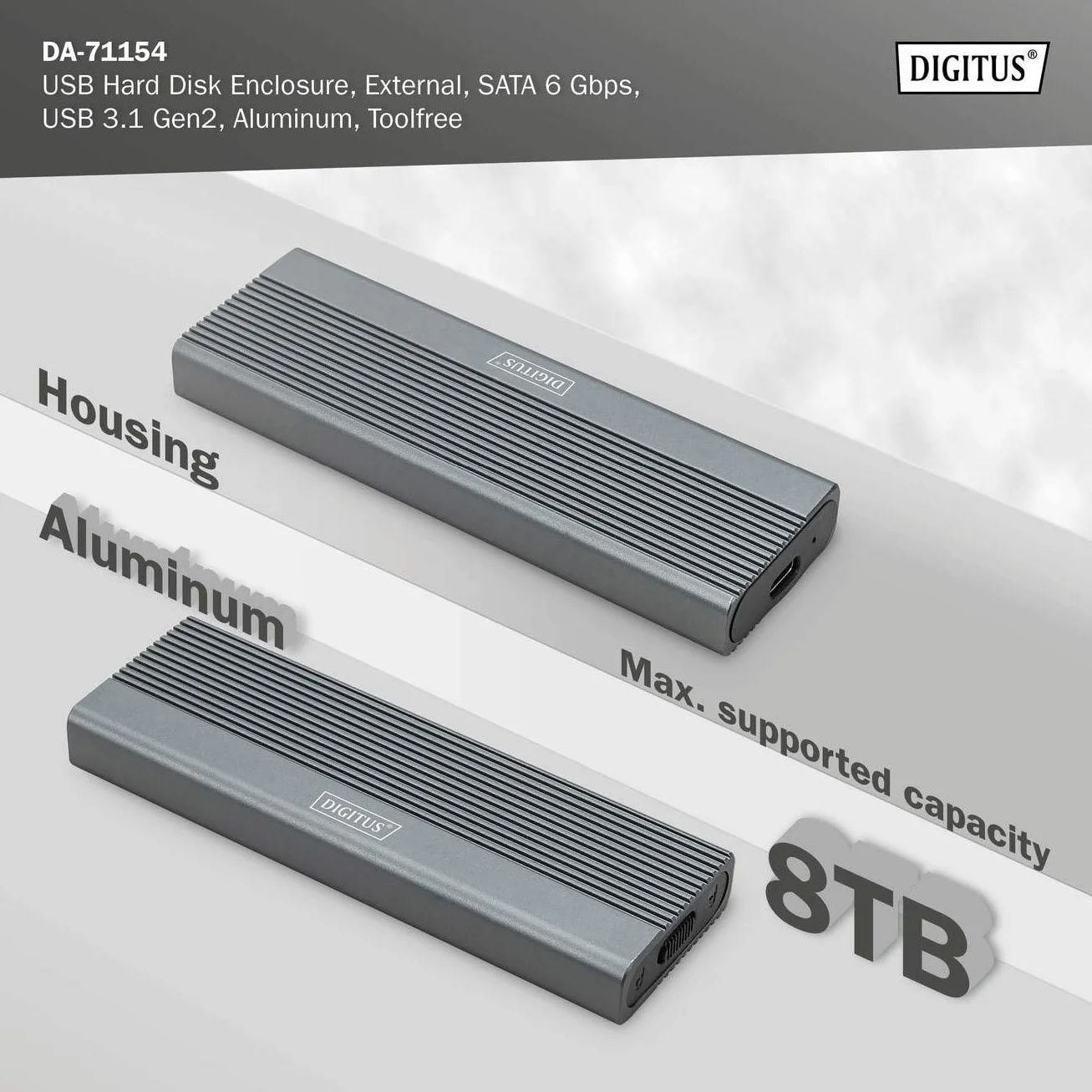 DIGITUS Zewnętrzna obudowa M.2 - USB 3.1 Gen2 Typ-C - 6 Gbit/s - obsługuje SATA SSD do 8 TB - do dysków SSD 2230/2242/2260/2280 z B-Key - bez narzędzi - obudowa aluminiowa - szara