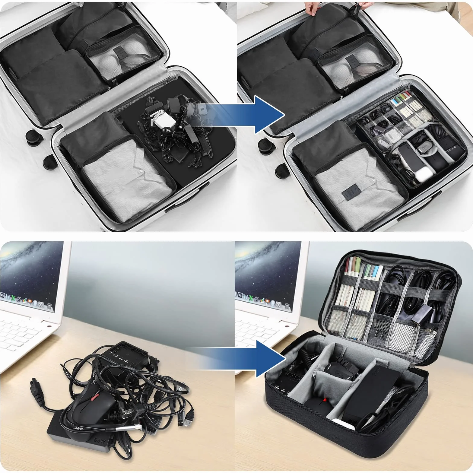 AiQInu Data cable storage bag-Grey Torba na kable, uniwersalny organizer na kable, 2 warstwy, wodoszczelny, regulowany organizer na kable do ładowania, powerbank, pamięć USB, karty SD, szary
