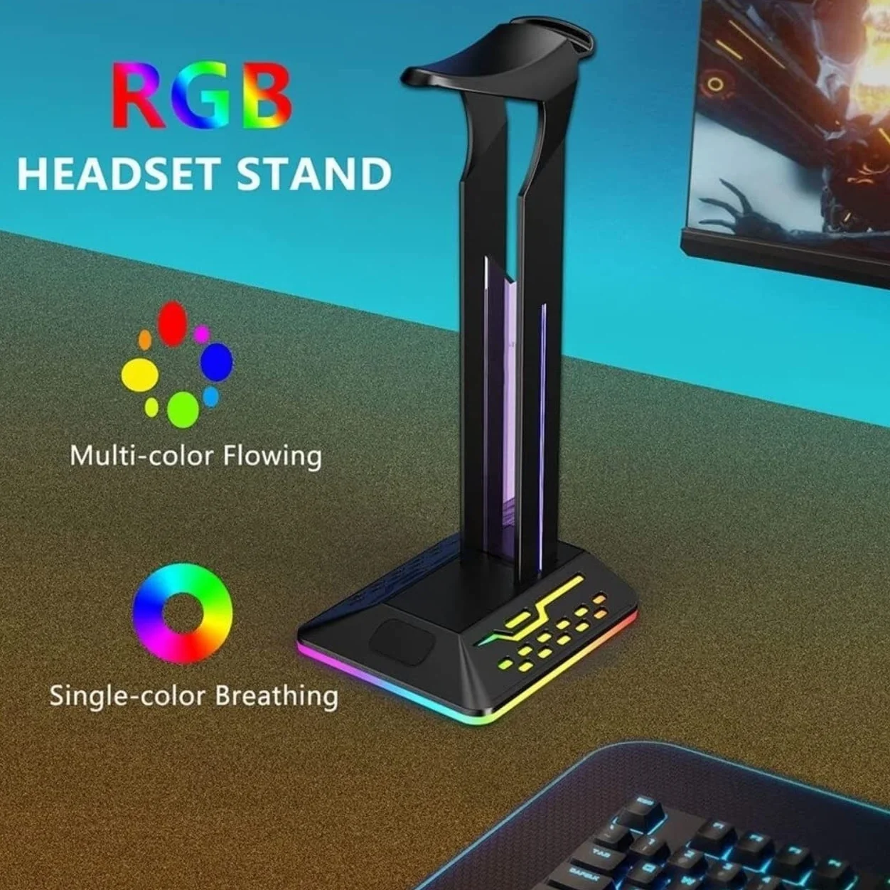 Stojak na słuchawki z oświetleniem RGB, podwójnym wyjściem USB i wejściem typu C, stojak na słuchawki dla graczy do wyświetlania i organizacji