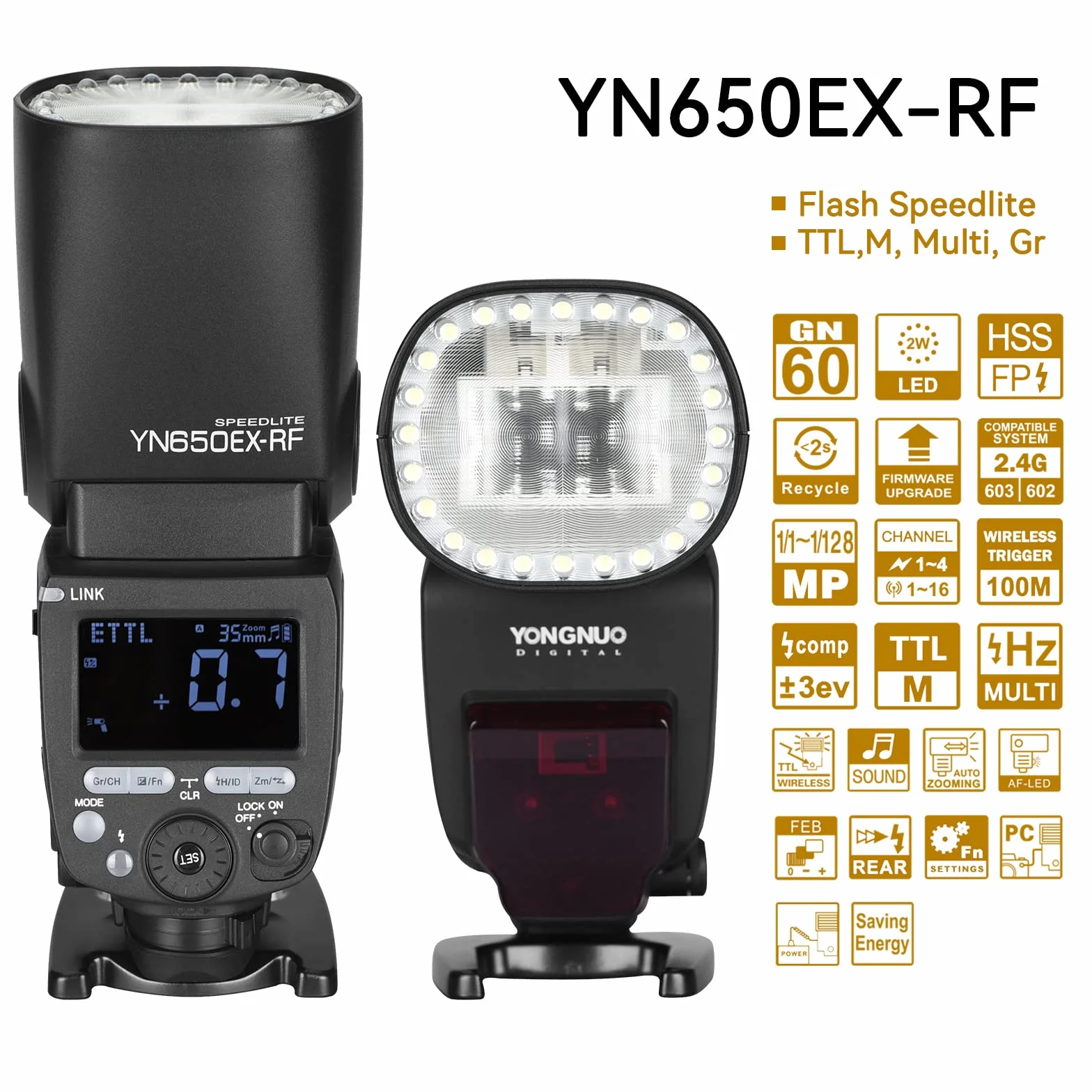 Yongnuo YN650EX-RF bezprzewodowa lampa błyskowa Speedlite, GN60 24 szt. lampa LED koraliki TTL HSS, Master Slave Flash z wbudowanym systemem RF 2,4G, do aparatu Canon DSLR