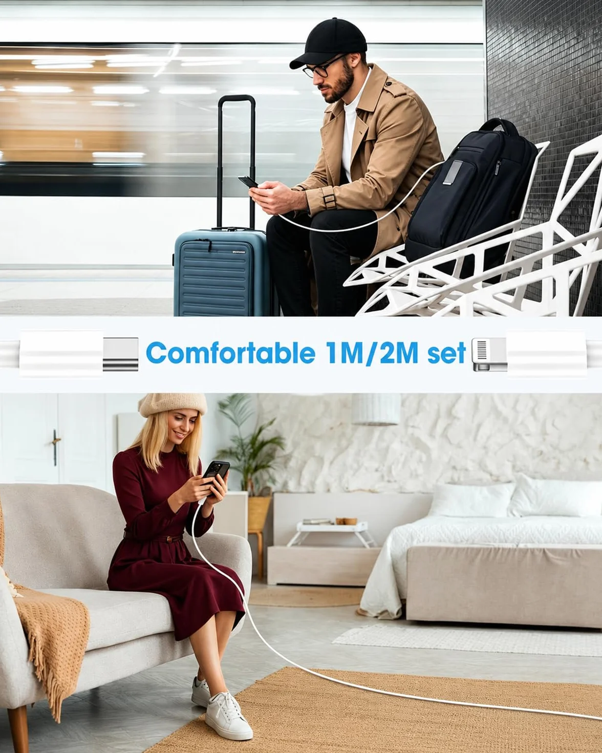 Kabel USB C na Lighting, 1 m + 2 m, do ładowania iPhone'a, certyfikat MFI, kabel USB C do iPhone'a 1 m, szybkie ładowanie, typ C, 2 m, do iPhone'a 14, 13, 12, 11, XR, XS, 8, 7, 6, 5, SE,