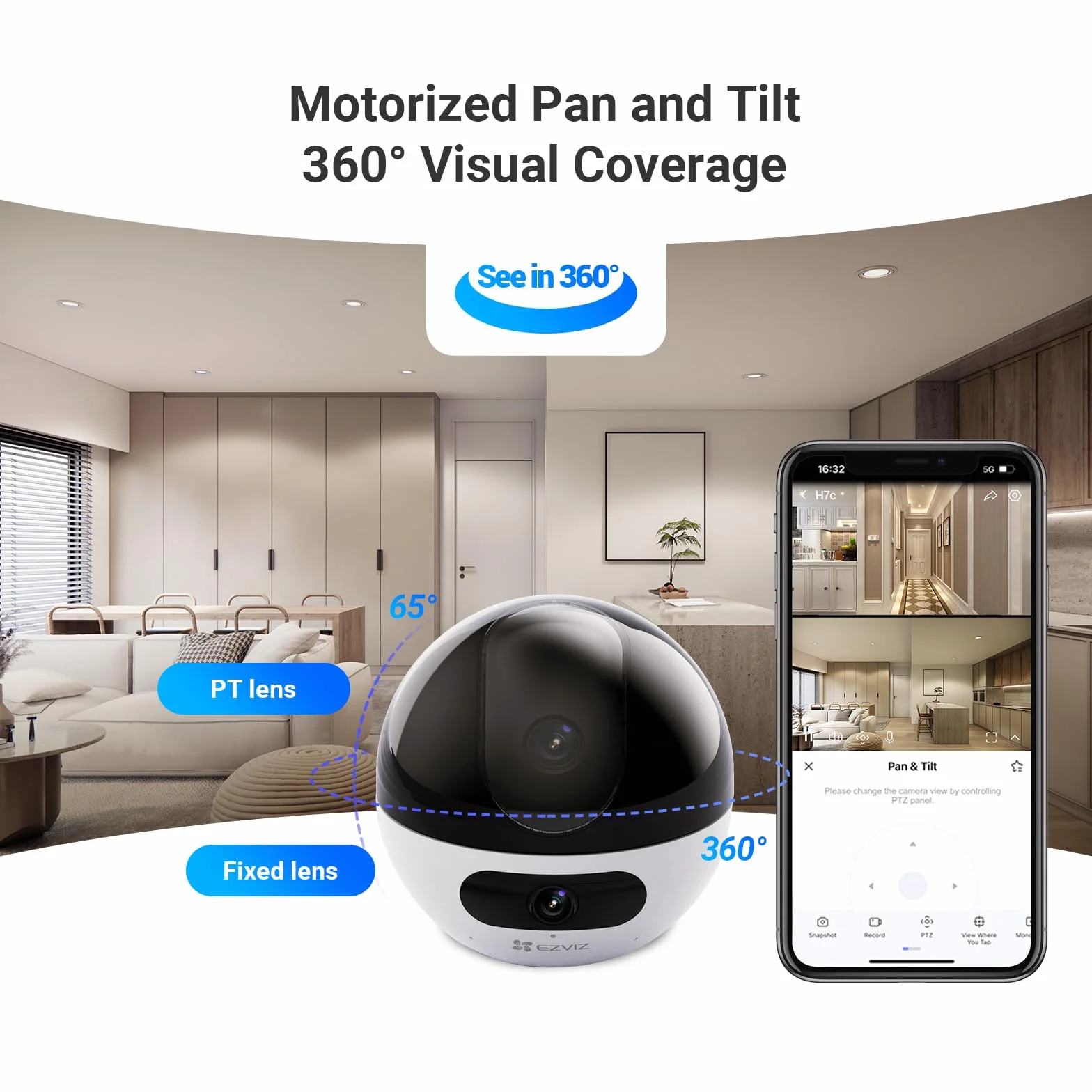 EZVIZ C7 Wewnętrzna Kamera Monitorująca WiFi 360° z Podwójnym Obiektywem 4MP+4MP, Automatyczne Śledzenie, Wykrywanie Osób/Zwierząt, Dwukierunkowy Dźwięk, Widzenie Nocne 10m, Tryb Patrolu/Prywatność