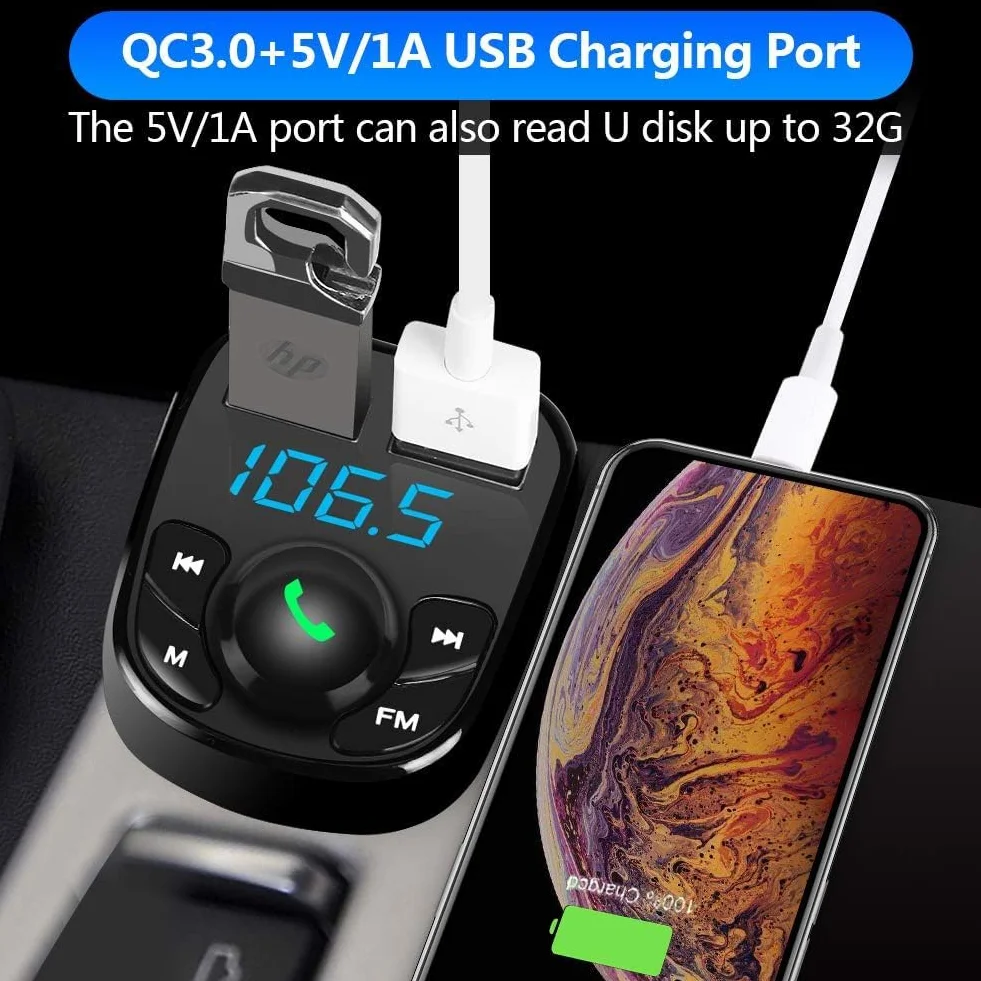 MKOIJN Samochodowy nadajnik FM Bluetooth Radio Zestaw głośnomówiący MP3 Odtwarzacz Ładowarka 2 porty USB 5V/2,4A 1A