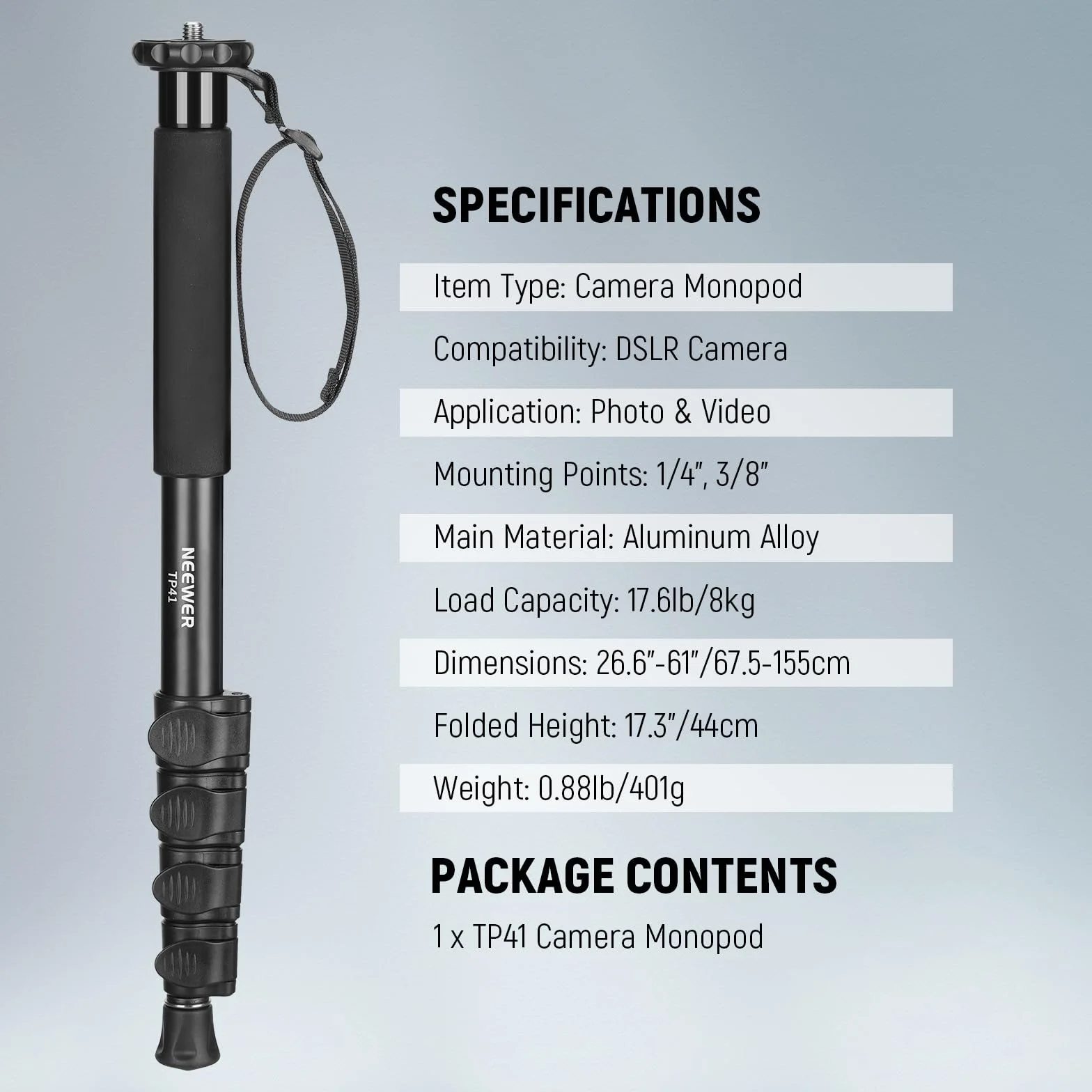 Neewer Stojak monopod na kamerę 61"/155 cm, przenośny podróżny monopod wideo ze stopu aluminium z adapterem śrubowym 1/10.2 cm 3/20.3 cm do kamery DSLR, profesjonalne akcesoria do aparatów, maksymalne