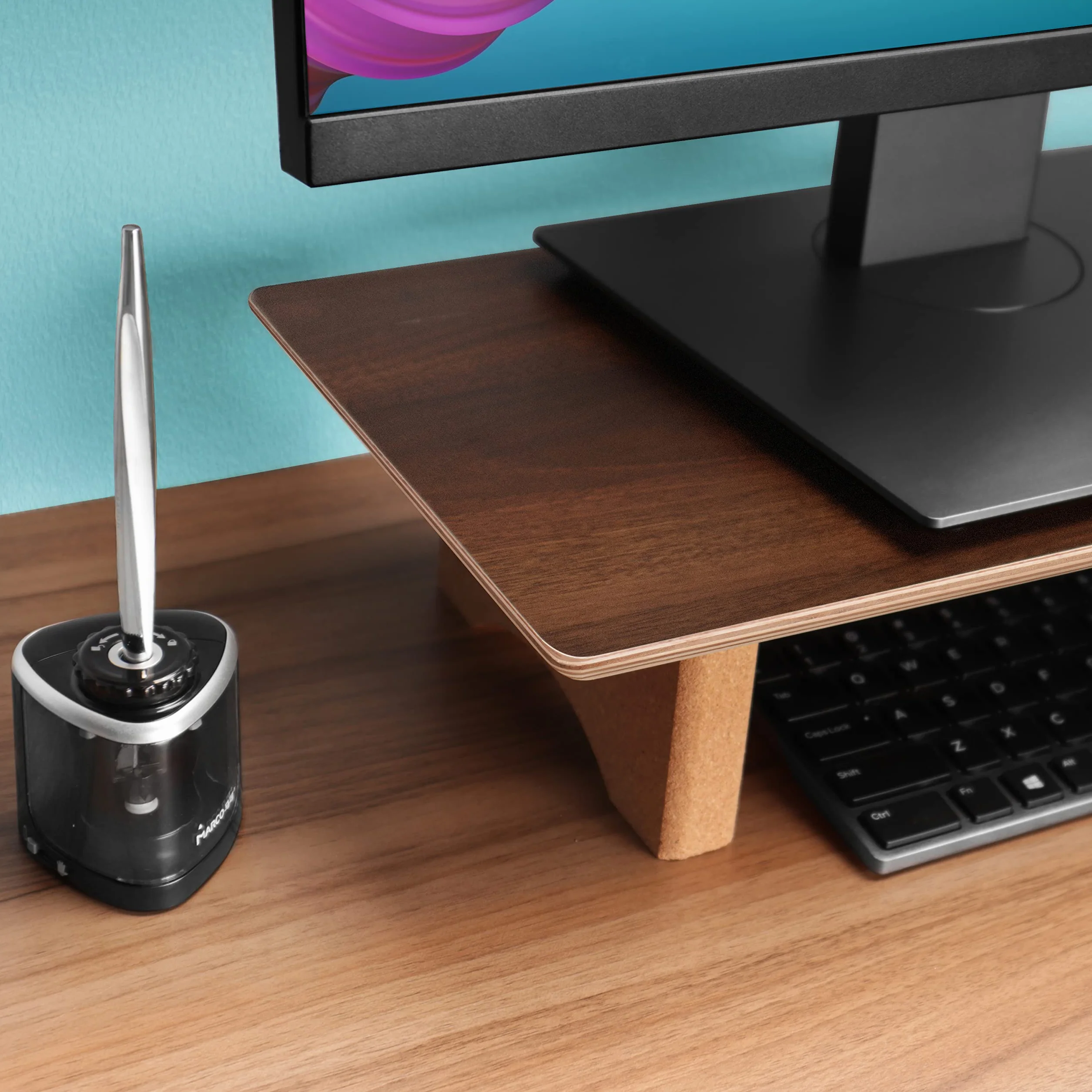 Aothia Duża podstawka pod monitor komputerowy, drewniana półka z ekologicznymi nóżkami korkowymi do ciężkich laptopów/komputerów/TV/PC, idealny organizer regałowy do biura/domu (orzech włoski, duża)