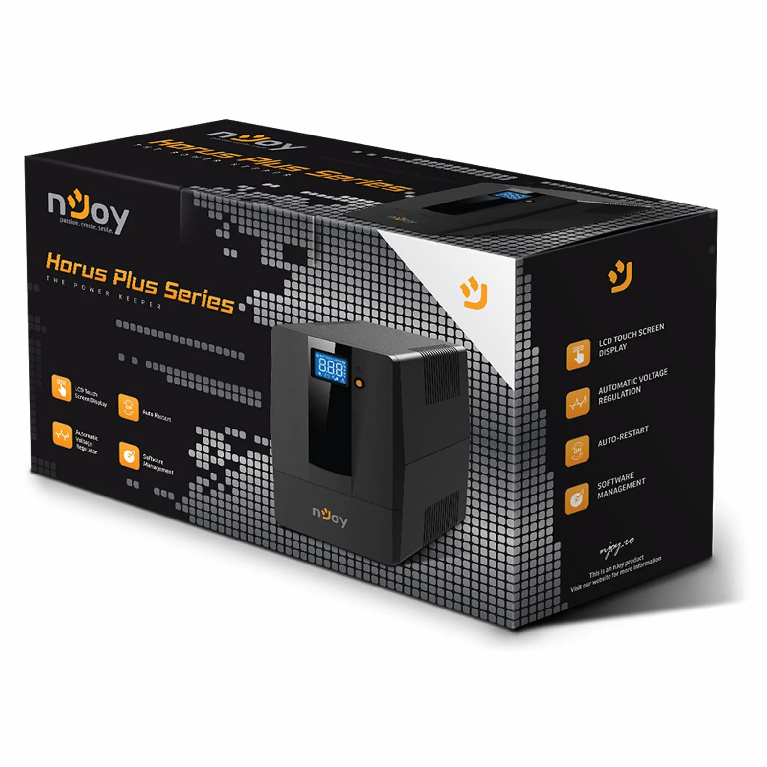 Njoy Horus Plus 800Va Line Interactive Ups 480 W LCD Touch Screen Avr 2 Schuko 1 Rj45 / Rj11 In/Out USB 1 akumulator 12 V 9 Ah