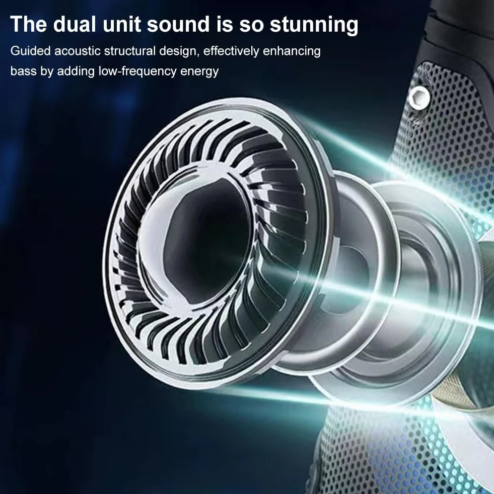 Głośnik Bluetooth ze zdalnym mikrofonem, podwójny subwoofer stereo system dźwiękowy, radio FM, kolorowe światła, przenośna podróż na świeżym powietrzu