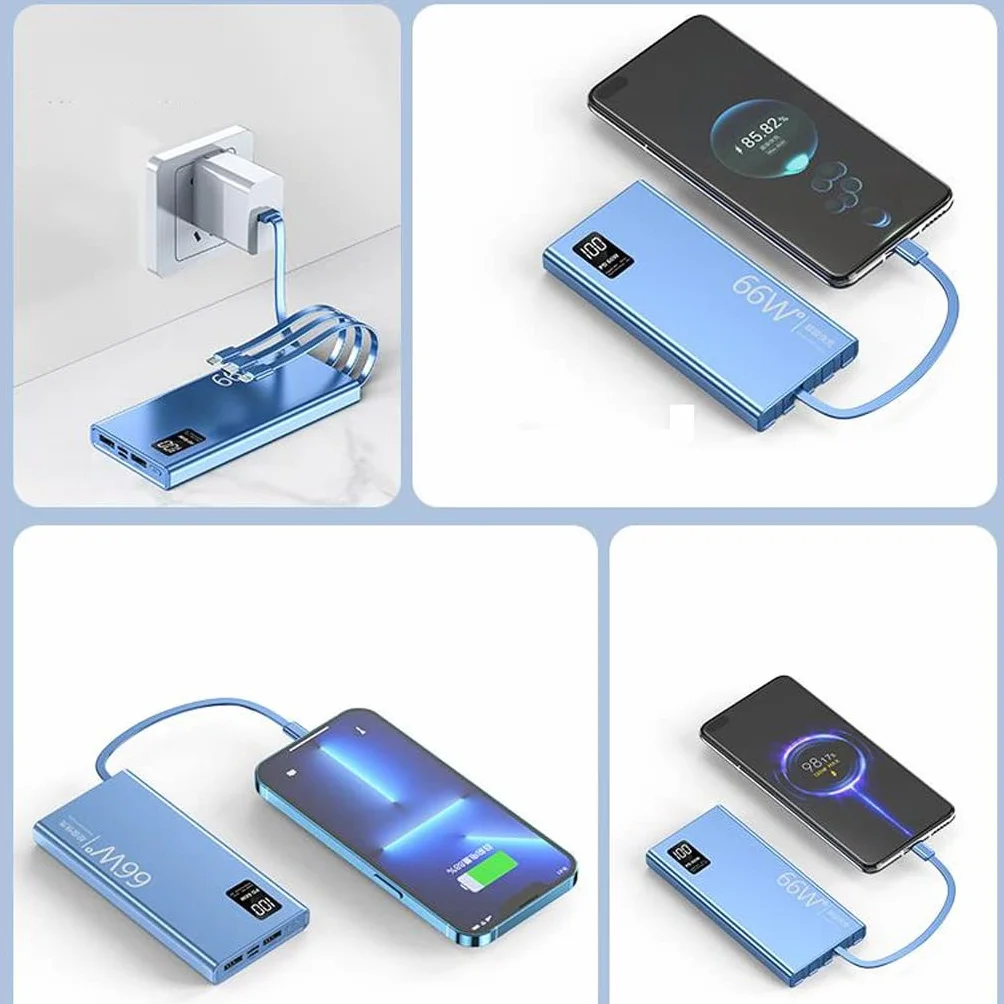 JJJ Super szybkie ładowanie 66 W, ultracienka, zamknięta linia, powerbank o dużej pojemności, 20000 mAh, ładowanie flash, mobilny zasilacz (kolor: niebieski, rozmiar: 20000 mAh)