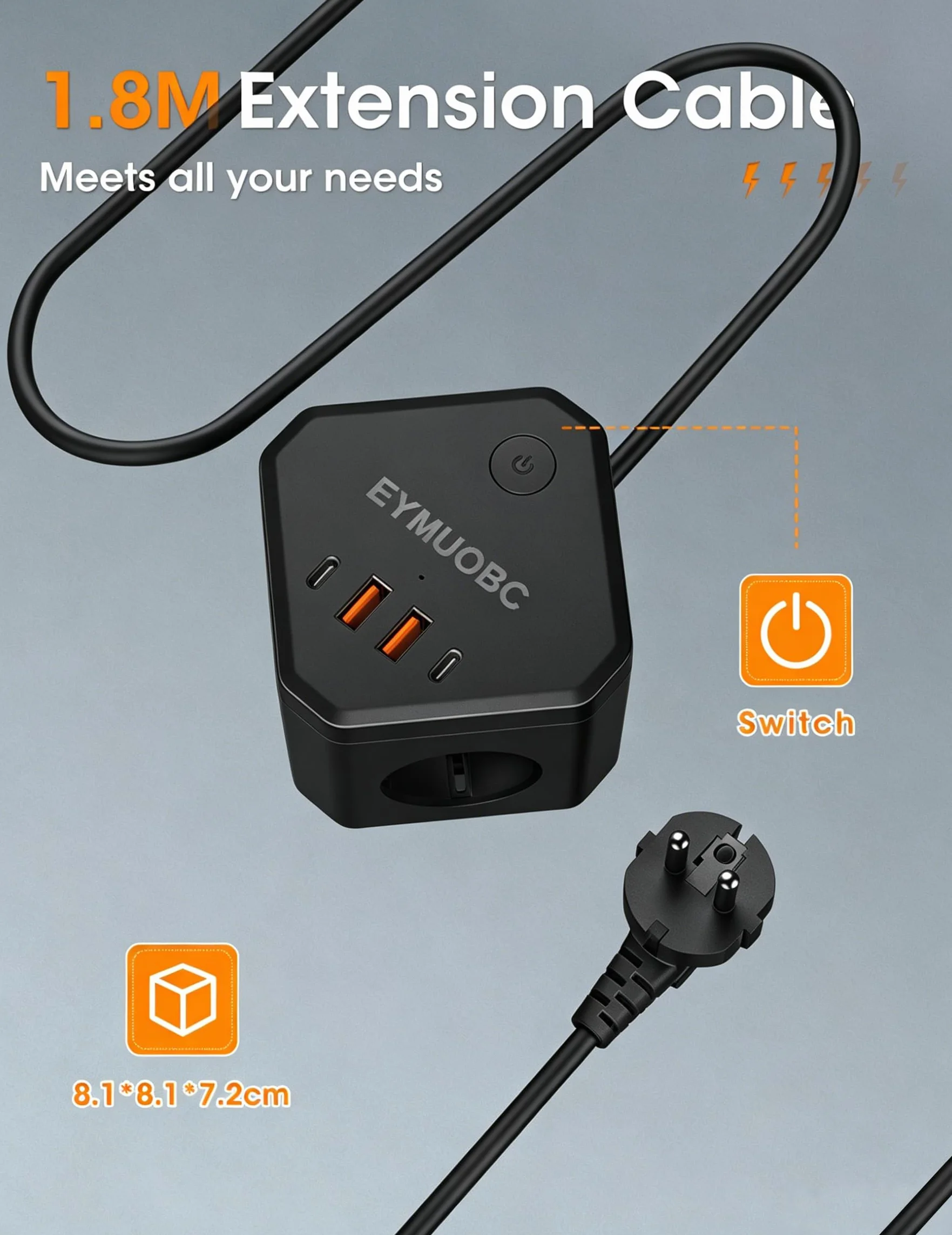 Kostka z gniazdkami z USB, listwa zasilająca z 2 USB-C PD 20W, 4 gniazda sieciowe 4 porty USB z wyłącznikiem, do biura, czarna