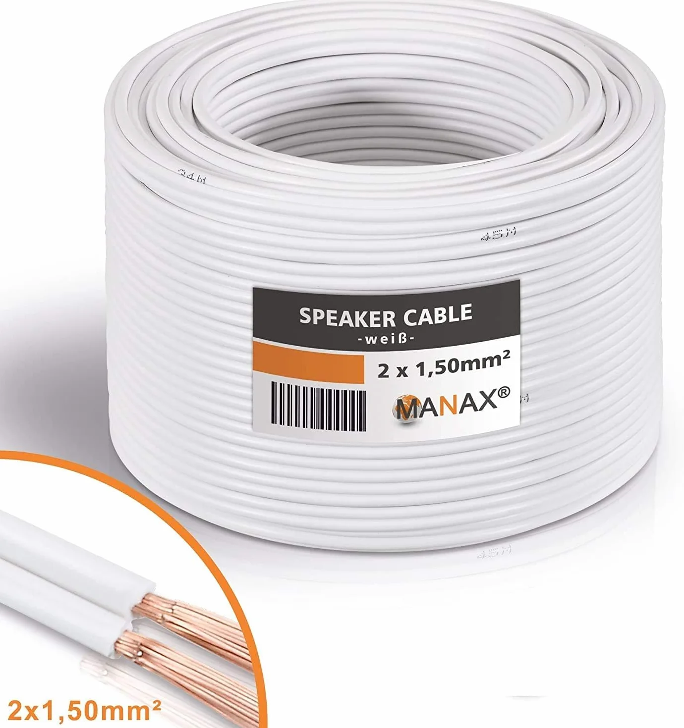 MANAX kabel głośnikowy biały 2x1,5 mm² 30 m pierścień