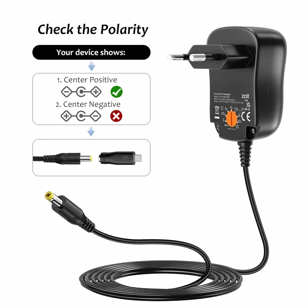 Zolt Uniwersalny zasilacz sieciowy 12W 3-12V 1A AC DC z 8 wtyczkami DC