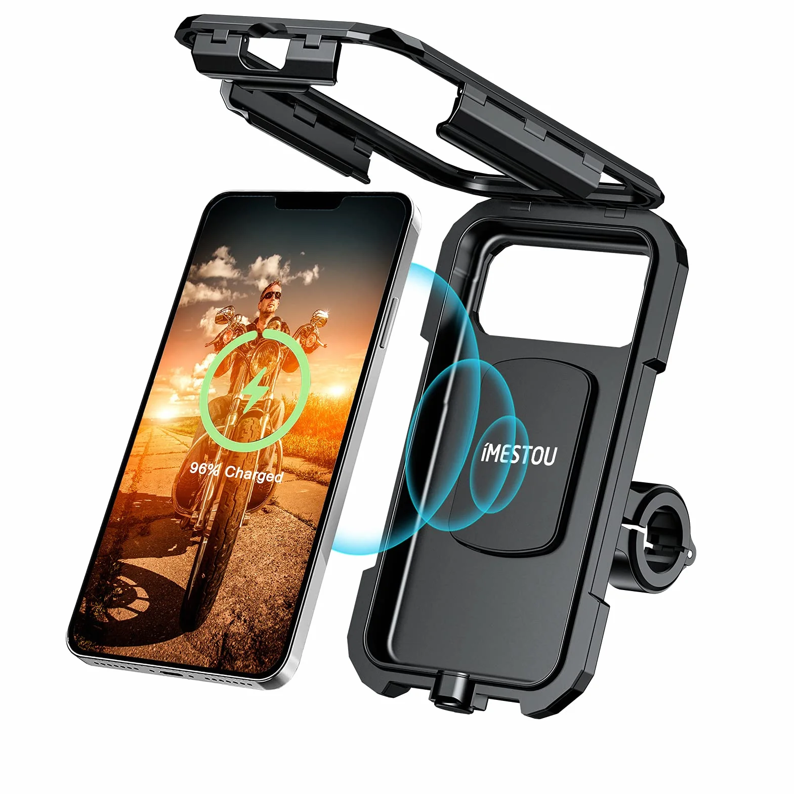iMESTOU Wodoodporny uchwyt na telefon motocyklowy IP67/ładowarka USB C do kierownicy telefonu komórkowego z obrotem o 360° do telefonów 4,7-6,1" (S)