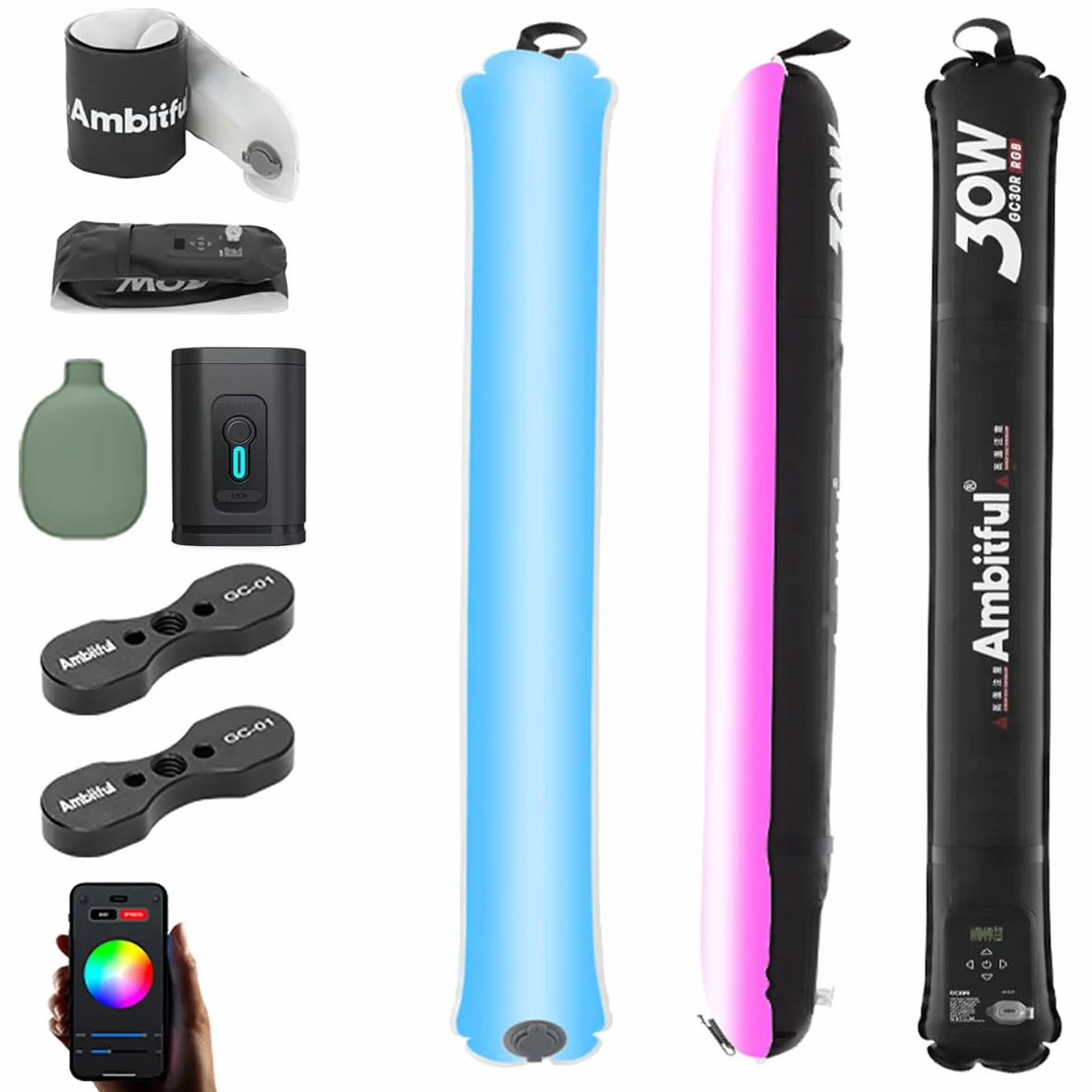 Ambitful GC30R 30 W RGB pełnokolorowa nadmuchiwana lampa rurowa 2500 K-10000 K, ręczna lampa LED, CRI 95+, TLCI 96+, do obsługi ssania magnetycznego, wodoodporna listwa świetlna LED (GC30R-KIT2)