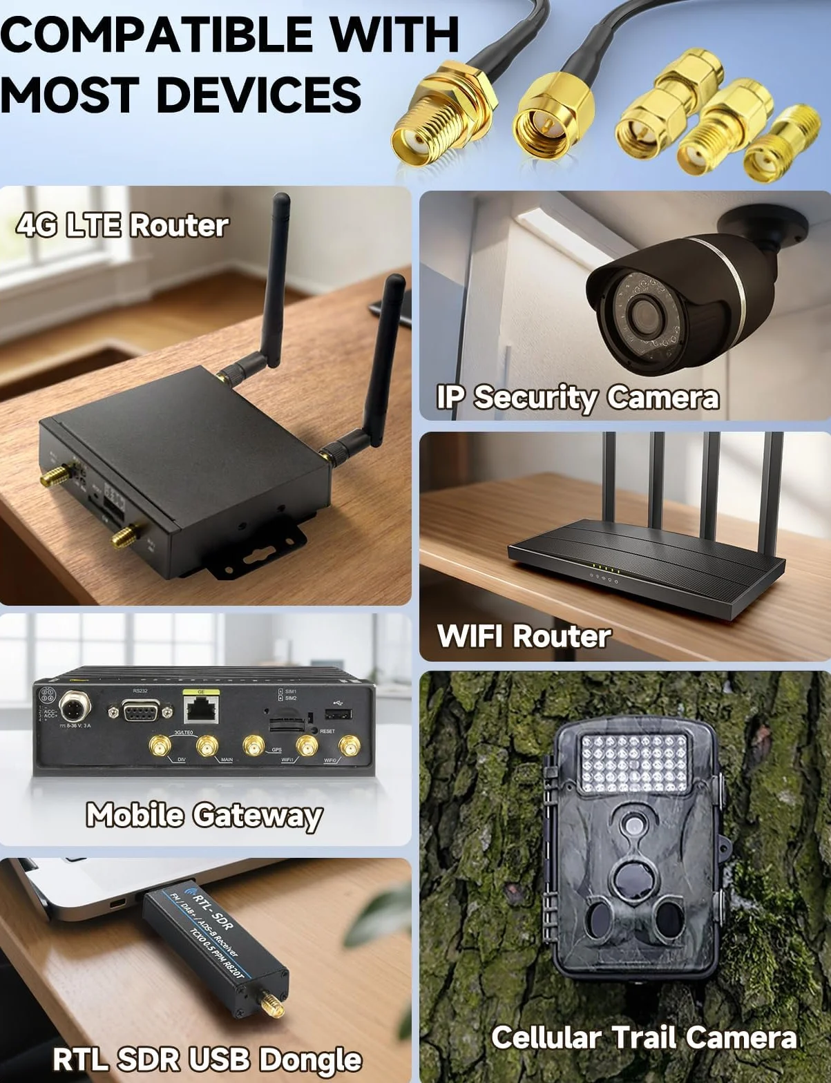 Superbat SMA kabel przedłużający, zestaw 1 m – ALSR100 Low-Loss kabel antenowy WLAN + 3 adaptery RF koncentryczne SMA, zestaw do anteny WiFi, 4G LTE, modem 5G, routera, radia Ham / GPS / WiFi / SDR