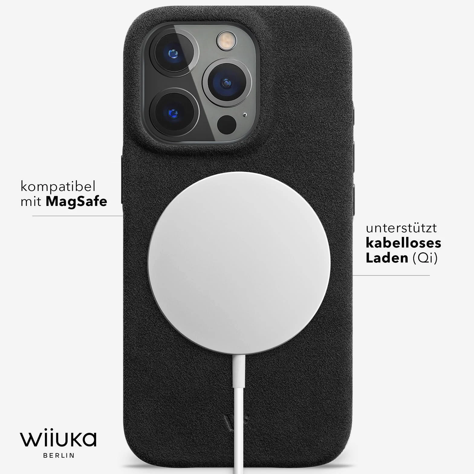 WIIUKA Etui do iPhone 15 Pro Max, oryginalne Alcantara®, ręcznie wykonane, bardzo cienkie, premium etui na telefon komórkowy, Case, Qi, alternatywa dla skóry, skiin Alcantara, czarne