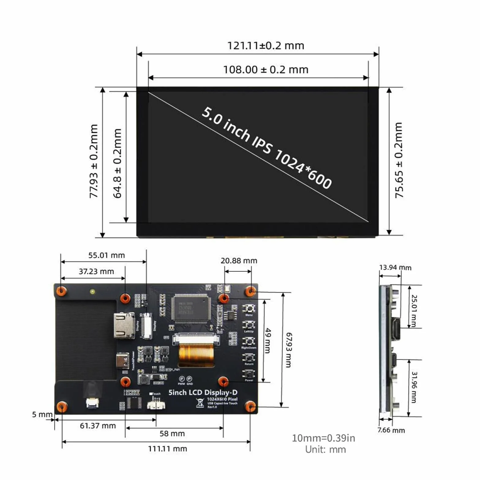 5-calowy ekran dotykowy panel monitora LCD pojemnościowy wyświetlacz dotykowy 1024x600 dla 5 3B+ 4B płyta rozwojowa pojemnościowy monitor USB