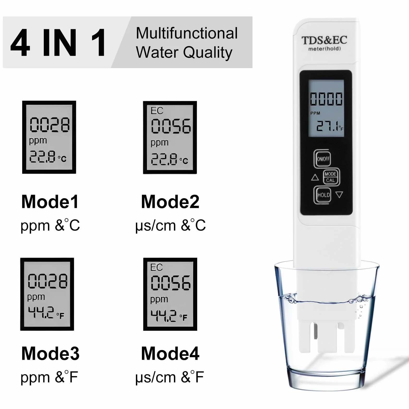 Aideepen Tester TDS 3 w 1 EC ppm dla wody pitnej z podświetleniem