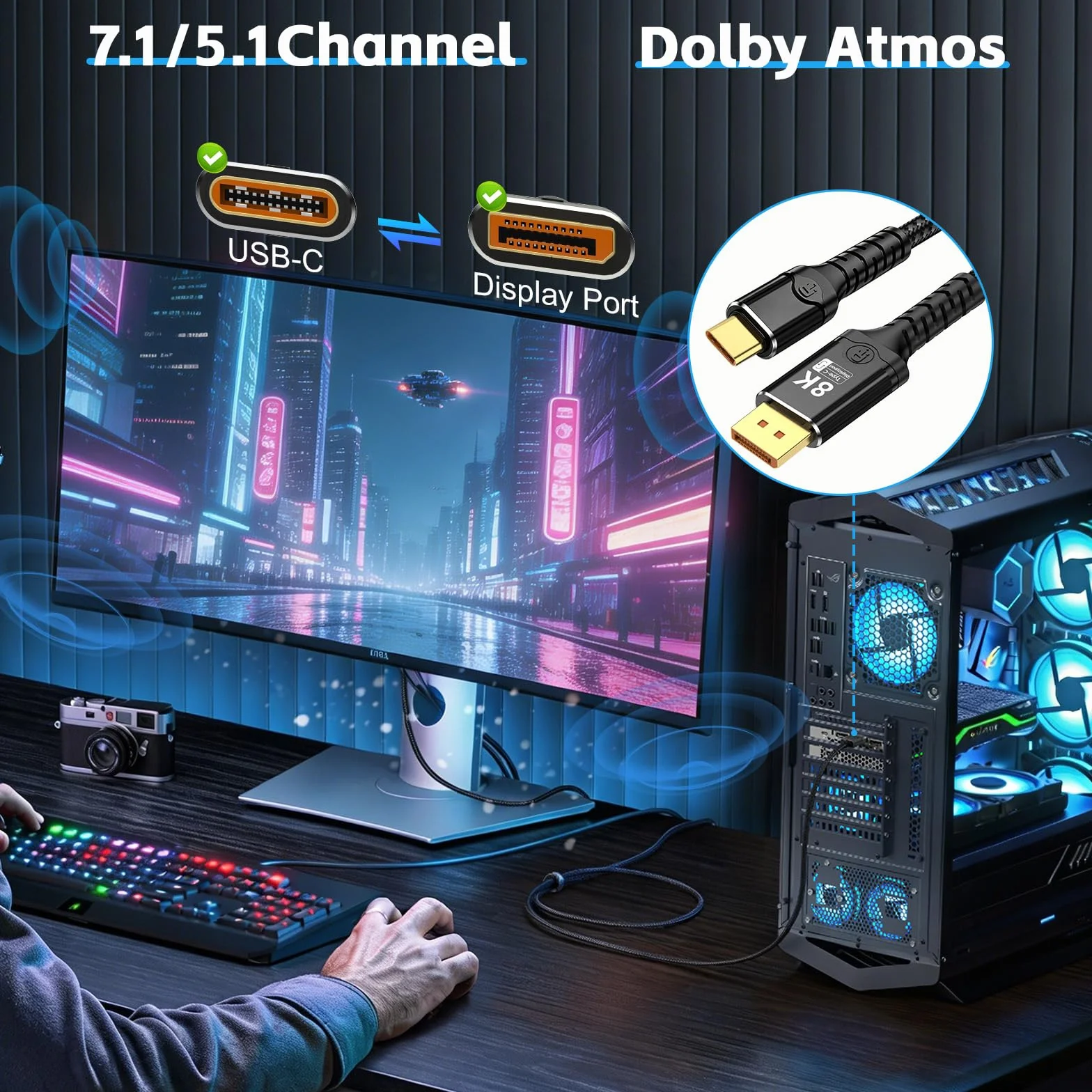 Kabel USB-C na DisplayPort 1.4 dwukierunkowy Thunderbolt 3/4/5 na DP 8K@60Hz 3m