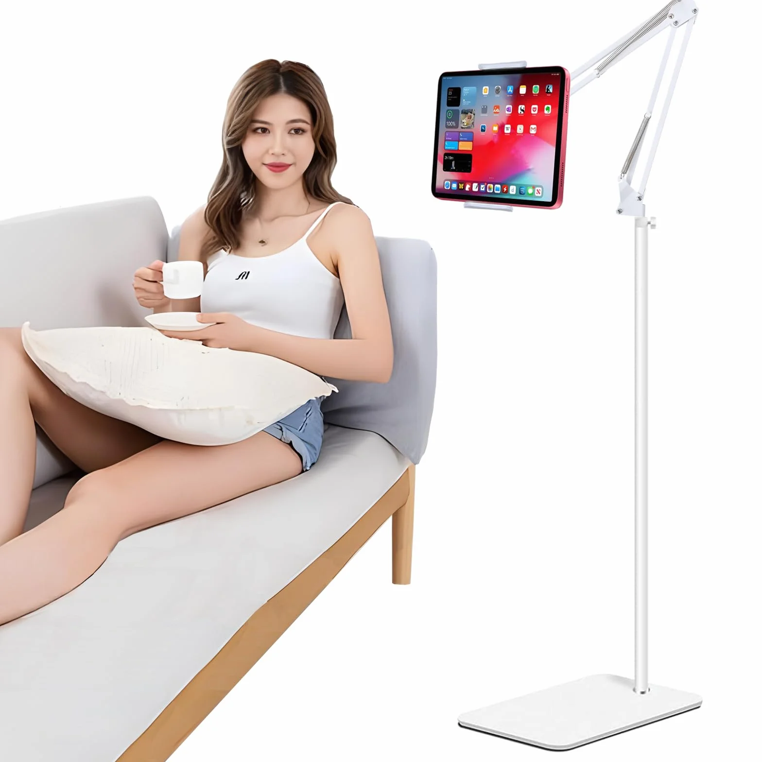 Stojak podłogowy na tablet, regulowany, uniwersalny obrotowy o 360 stopni, metalowy uchwyt na tablet, stojak na telefon do iPada/iPhoneX/iPad Pro lub innych urządzeń o przekątnej 4,5 ~ 12,9 cala (biały)