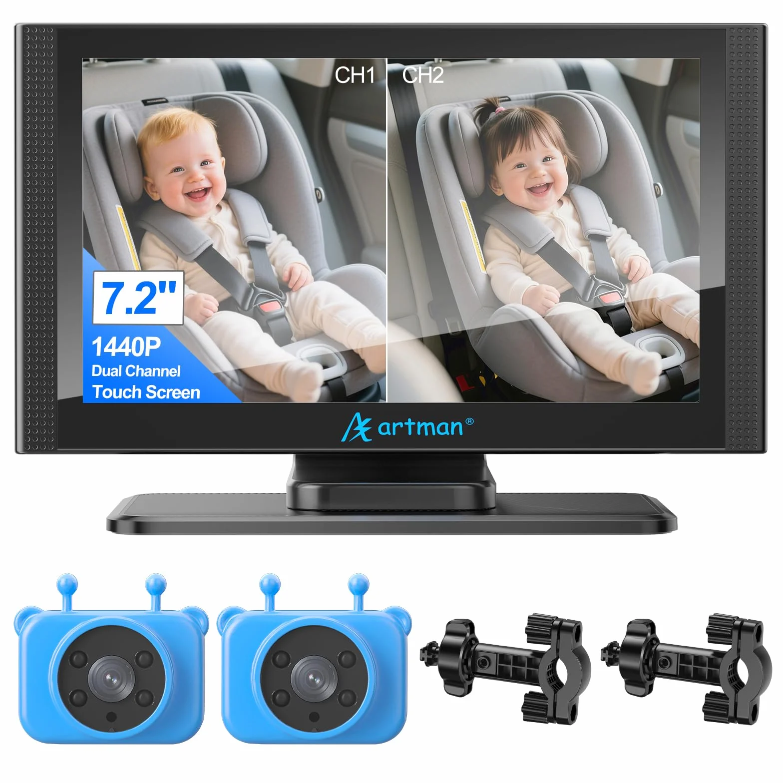 Artman 2-Dziecięca kamera samochodowa, monitor samochodowy dla niemowląt z 17,2 cala, podwójny aparat HD 1440P IPS, noktowizor na podczerwień i obracany o 360°, łatwa instalacja do wszystkich
