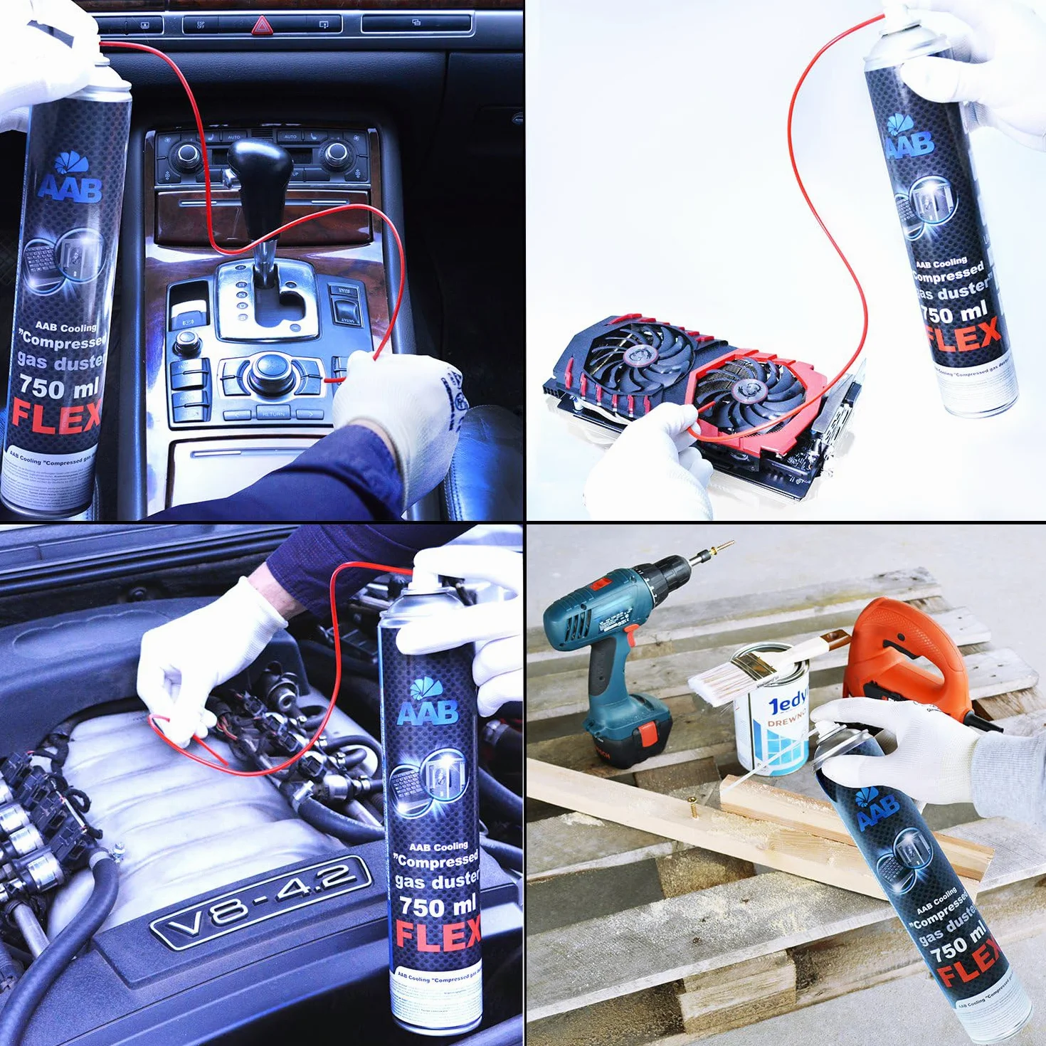 24 x AAB Compressed Gas Duster FLEX 750ml - Sprężony Gaz z Długą, Elastyczną Rurką, Sprężone Powietrze do Wydmuchiwania Kurzu, Puszka, Aerozol do Czyszczenia Komputera, Klawiatury, Laptopa, PC