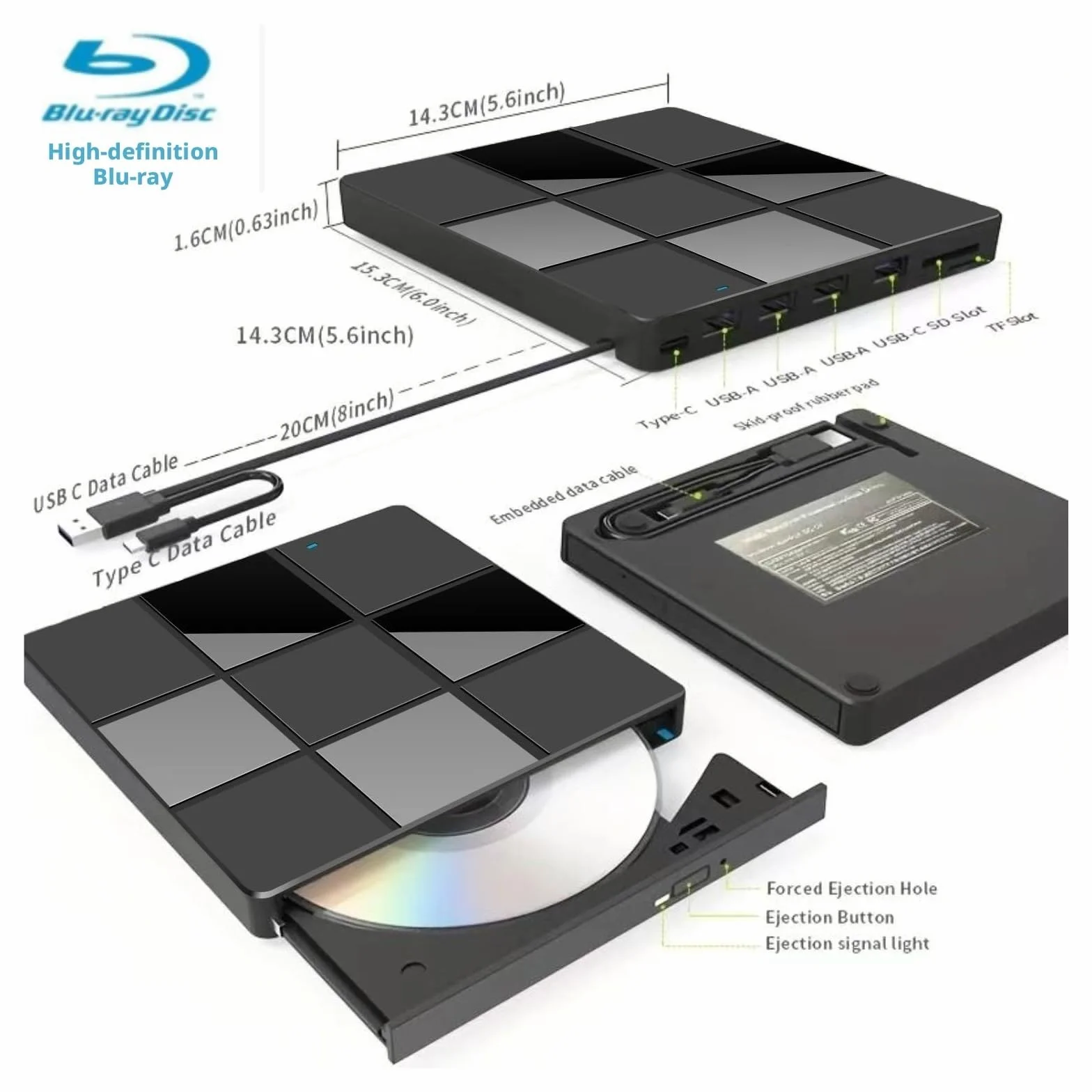 Zewnętrzna nagrywarka Blu-ray BD DVD USB3.0 typu C 7 w 1 Przenośny napęd optyczny UHD 4K(Blu-ray Player)