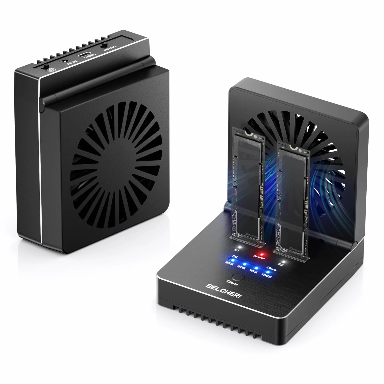 M.2 NVMe SATA SSD Cloner Dock, USB 3.2 Gen 2 20 Gbit/s, ze składanym wentylatorem chłodzącym, obsługuje klonowanie offline, UASP i Trim, aluminiowa konstrukcja
