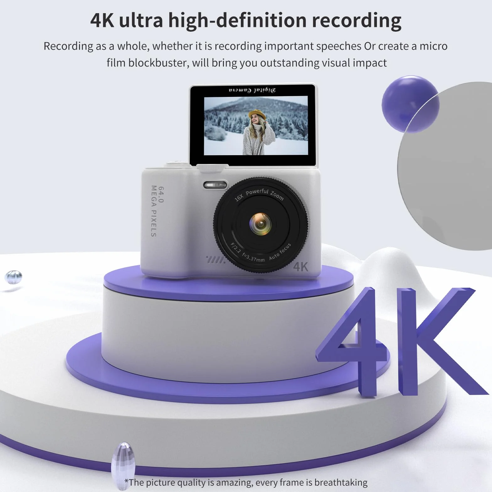 Andoer Aparat cyfrowy 4K z 3-calowym ekranem składanym, WiFi 64 MP, przenośny, kompaktowy aparat z zoomem cyfrowym 16x, karta TF 32 GB, akumulator dla nastolatków, dorosłych, początkujących, wbudowane