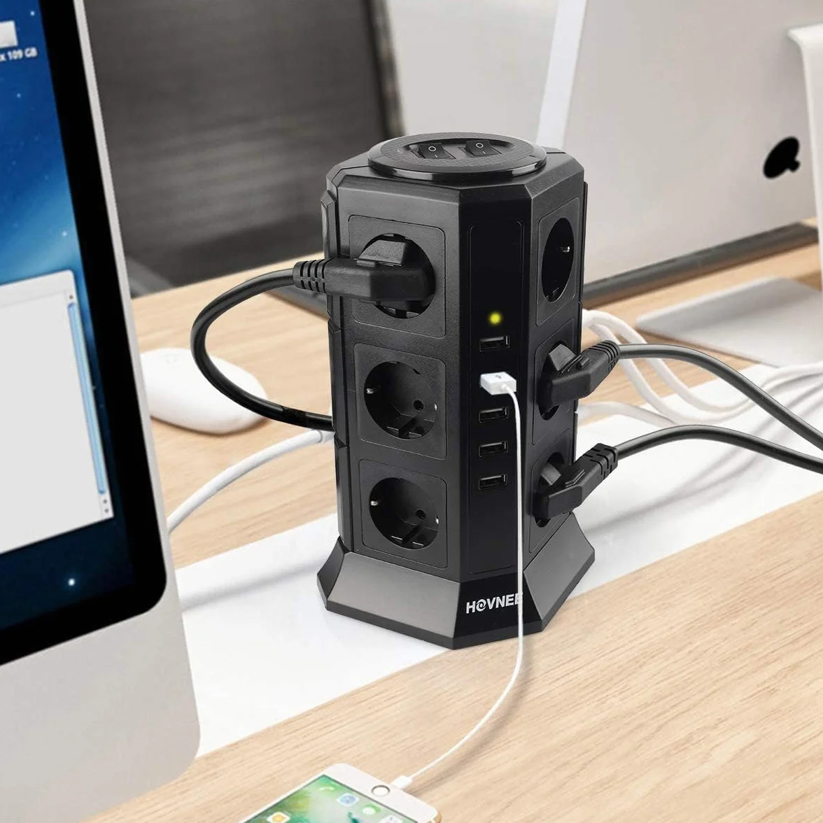HOVNEE wielogniazdowa listwa zasilająca, 12 gniazd 2500 W/10 A z 5 portami ładowania USB i kablem 5 V/4,5 A o długości 2,0 m, ochroną przed przepięciem i zwarciem, czarna