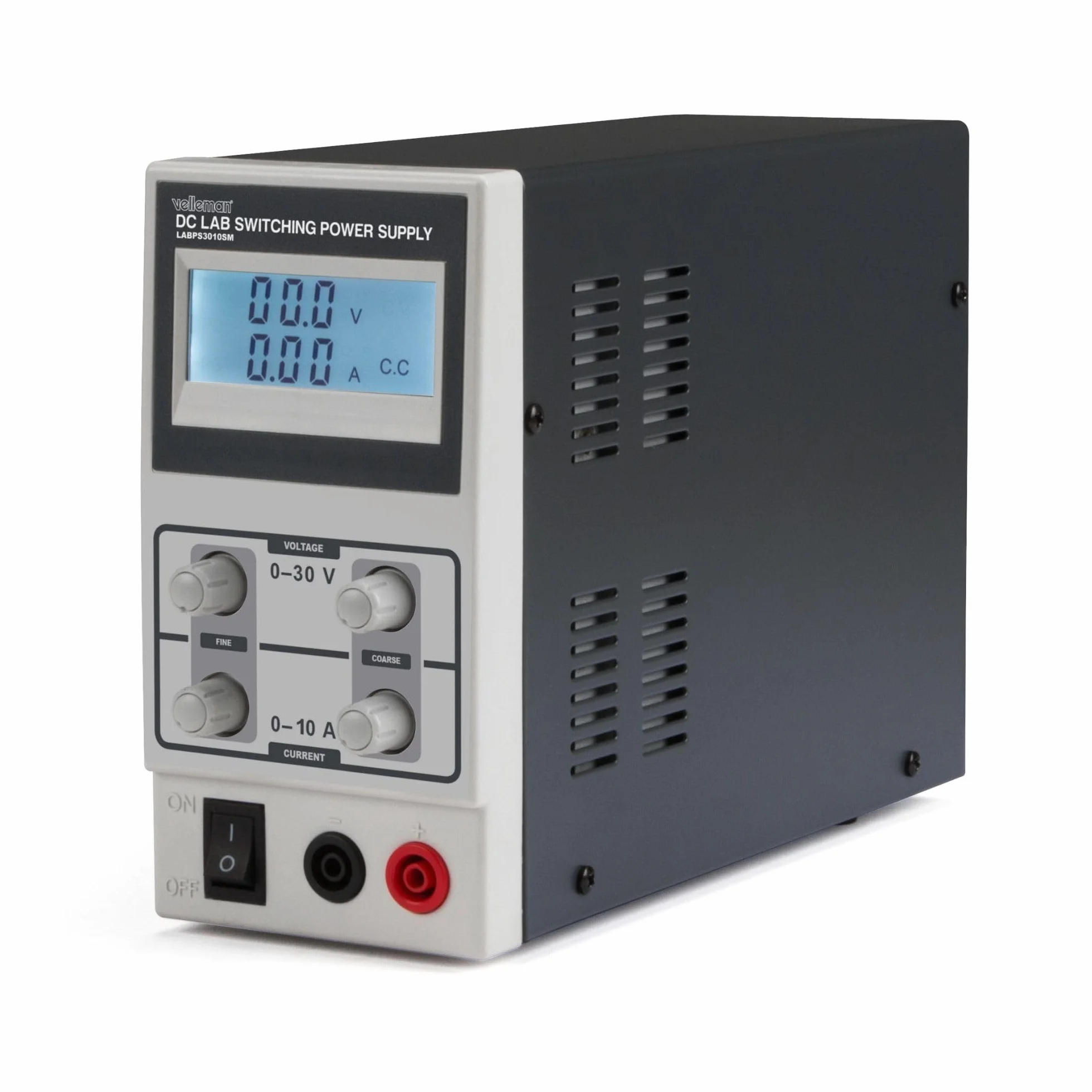 Velleman Zasilacz Lab, przełączany, regulowany, 0-30 VDC/0-10 A, ograniczenie prądu, zabezpieczenie przeciwzwarciowe, wyświetlacz LCD, szary